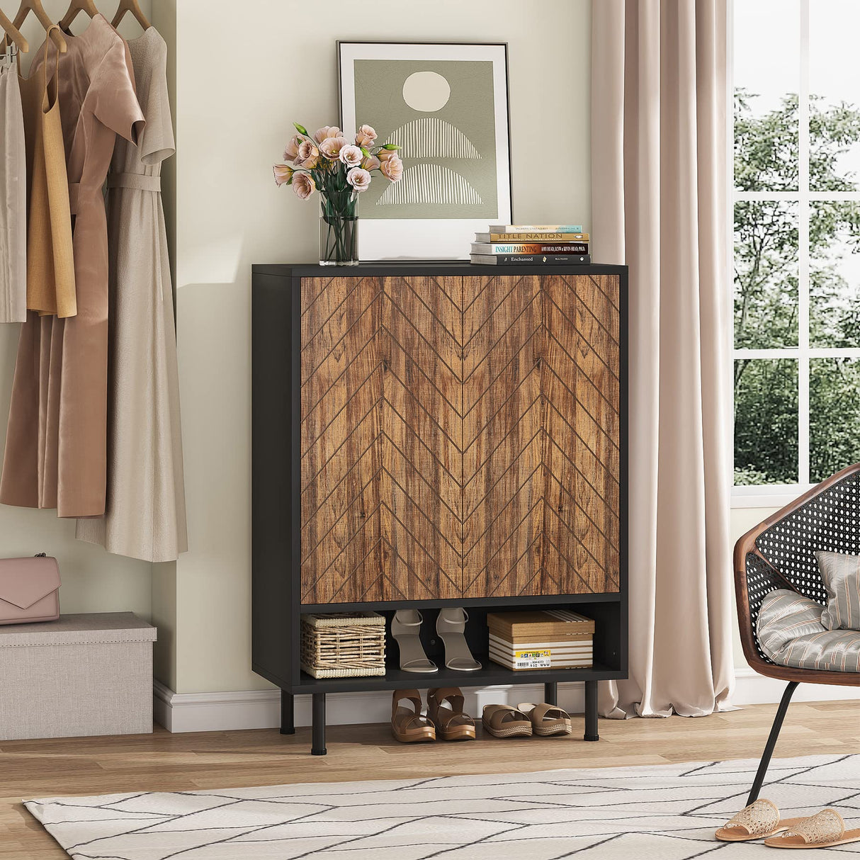 Tribesigns Shoe Cabinet, 18 Pair Shoe Rack Organizer Cabinet with Door, 6-Tier Modern Shoe Storage Cabinet with Shelves for Entryway Hallway Closet Bedroom, Black and Brown Tribesigns