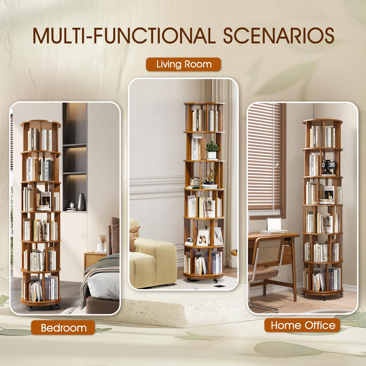 6 Tier Rotating Bookshelf Tower Spinning Bookshelf with Swivel Wheels Book Shelf Rotating Storage Tower for Kids Adult Narrow Walnut Solid Wood Revolving Bookcase Organizer for Bedroom Living Room IUNVR