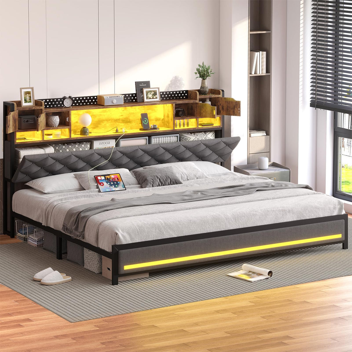 Dnxao King Bed Frame with Upholstered Headboard, Bed Frame King Size with Hidden Storage,3-Tier Storage Shelves, LED Lights and Charging Station, King Bed with Noise-Free, No Box Spring Needed, Gray Dnxao