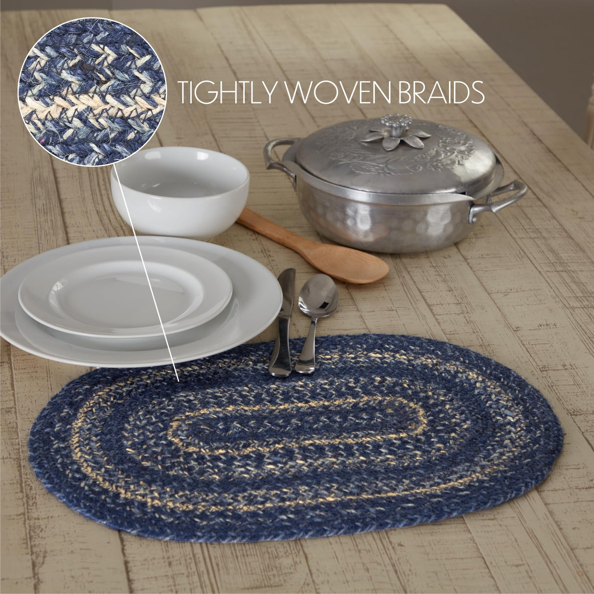 VHC Brands Farmhouse Great Falls Blue Table Placemat, Blue White, Jute Blend, Oval, 12x18 Inches VHC Brands