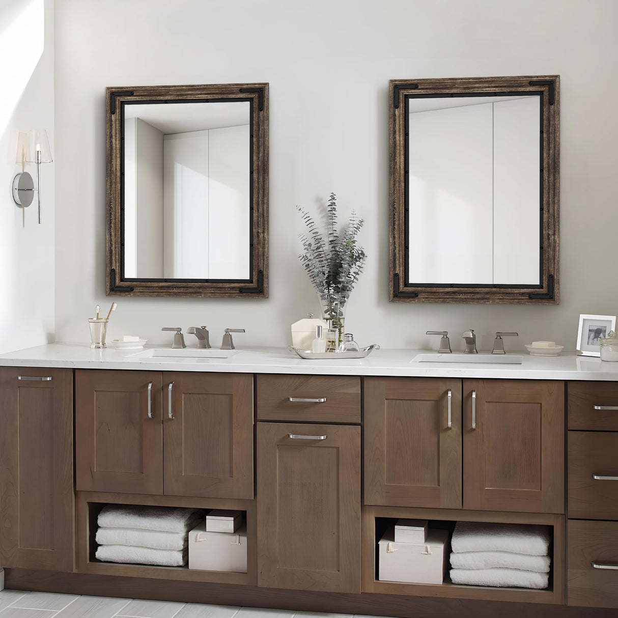 YOSHOOT Farmhouse Bathroom Mirror, Rustic Wood Mirror, Wooden Framed Vanity Mirror, Solid Wood & Handmade, Vertical or Horizontal Hanging for Bathroom Entryway Living Room Bedroom, 32" x 24", Brown YOSHOOT