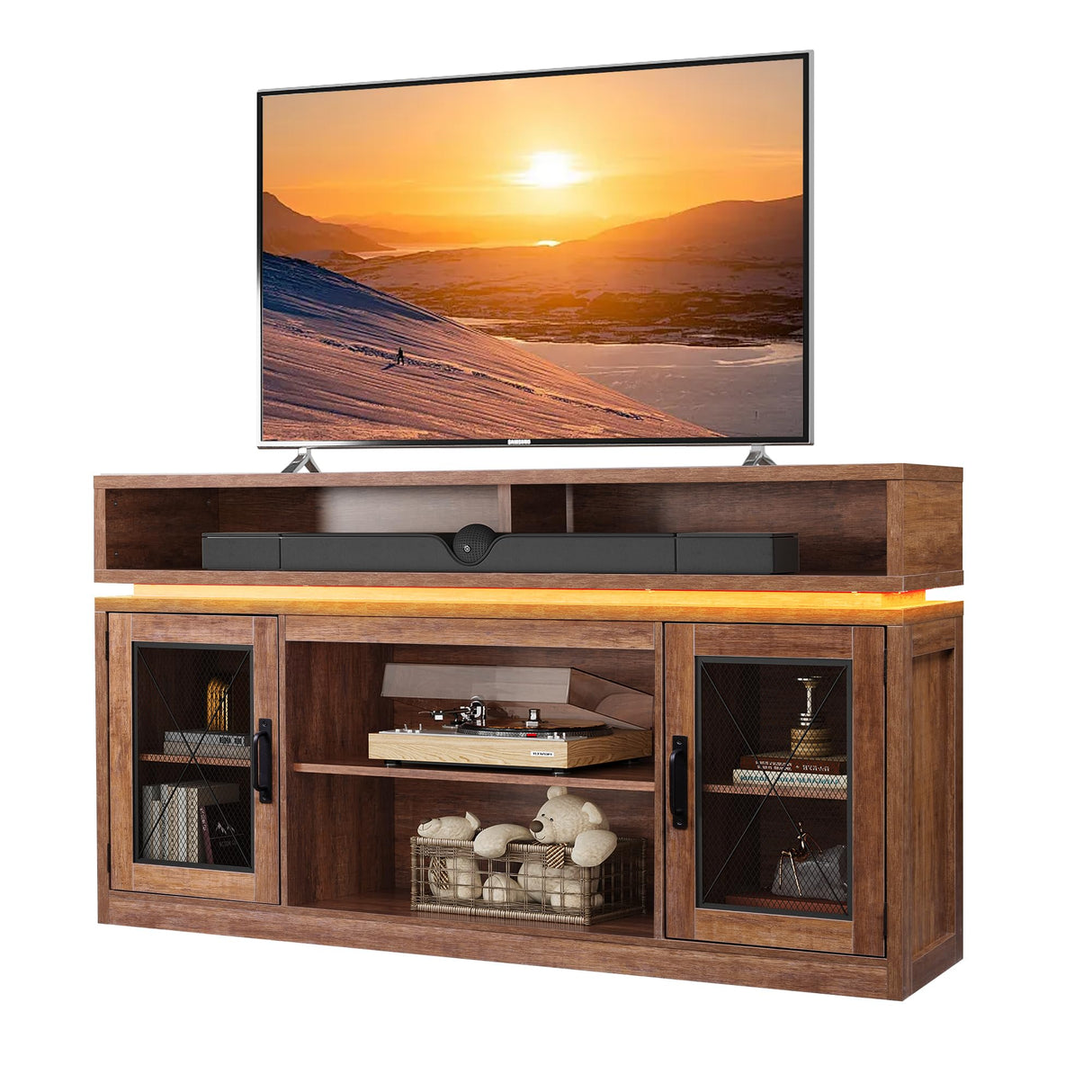 WLIVE TV Stand up to 65 Inch TV, 58" Entertainment Center with LED Lights, Farmhouse TV Media Console with Storage Cabinets, Adjustable Shelves for Living Room, Rustic Brown WLIVE