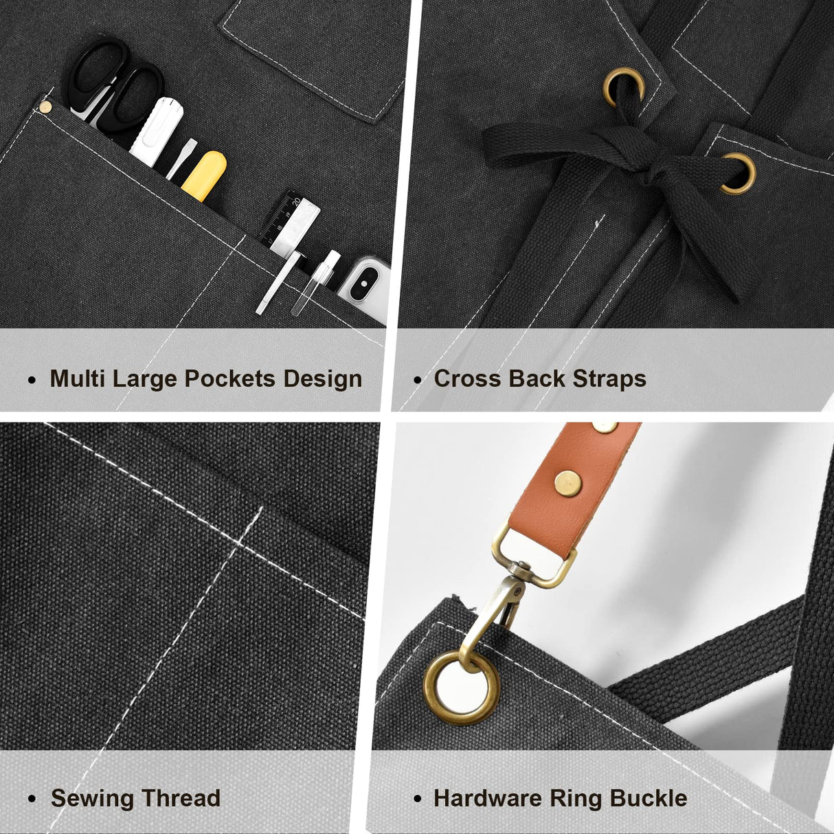 OUNLEN Chef Apron for Men Women Canvas Aprons with 3 Pockets Cross Back Resistant Work Apron for Cooking Grilling Baking BBQ Barber Kitchen (Black) OUNLEN