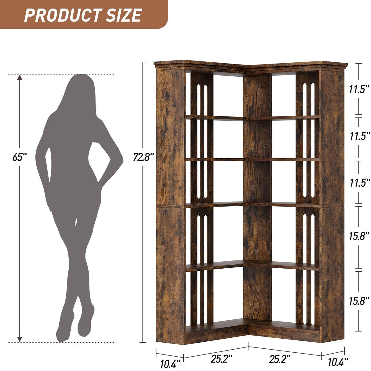 IDEALHOUSE Corner Bookshelf 72.8in Farmhouse Bookcase Large Bookshelf Wood Bookcase Tall 5 Tier Corner Shelf L Shaped Bookshelf Storage Display Rack Living Room Bedroom (Retro, Half Panel) IDEALHOUSE