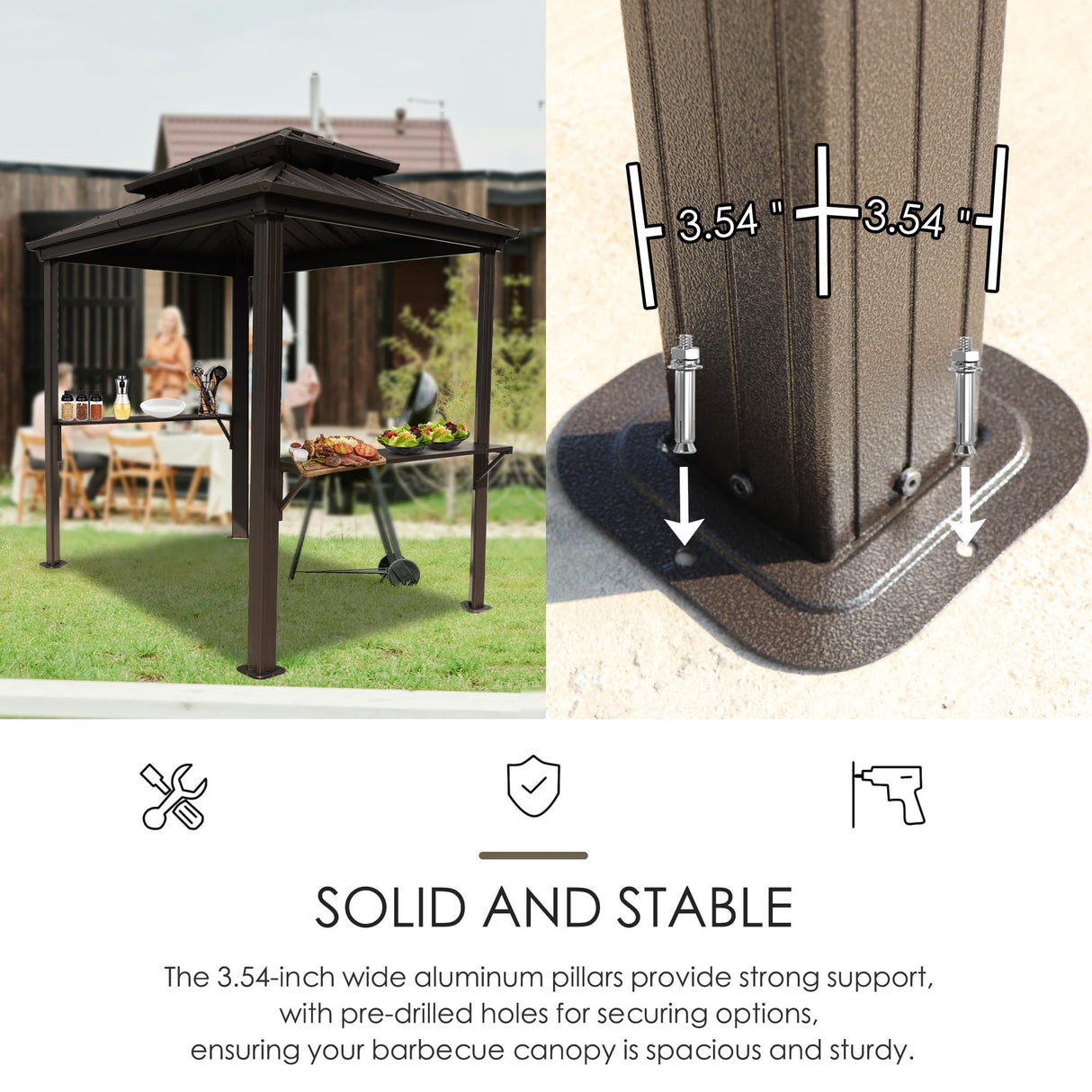 Kozyard 6’ x 8’ BBQ Hardtop Grill Gazebo, Outdoor Barbecue Gazebo with Double Galvanized Metal Roof, Aluminum BBQ Gazebo with 2 Side Shelves for Outdoor Grilling Station (Brown/Hardtop) Kozyard