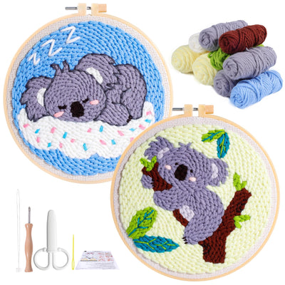 iienjoy 2 Pcs Koala Punch Needle Kit - Easy Punch Needle Embroidery Kits for Beginners Adults, Cute Animals Art Work Decor Punch Stitching kit with Tools, Yarns, Hoop, Instruction