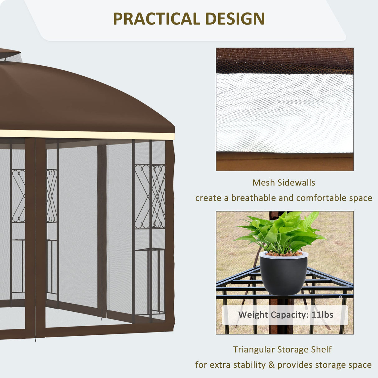 Outsunny 10' x 10' Patio Gazebo with Corner Shelves, Double Roof Outdoor Gazebo Canopy Shelter with Removable Mesh Netting, for Garden, Lawn, Backyard and Deck, Brown Outsunny