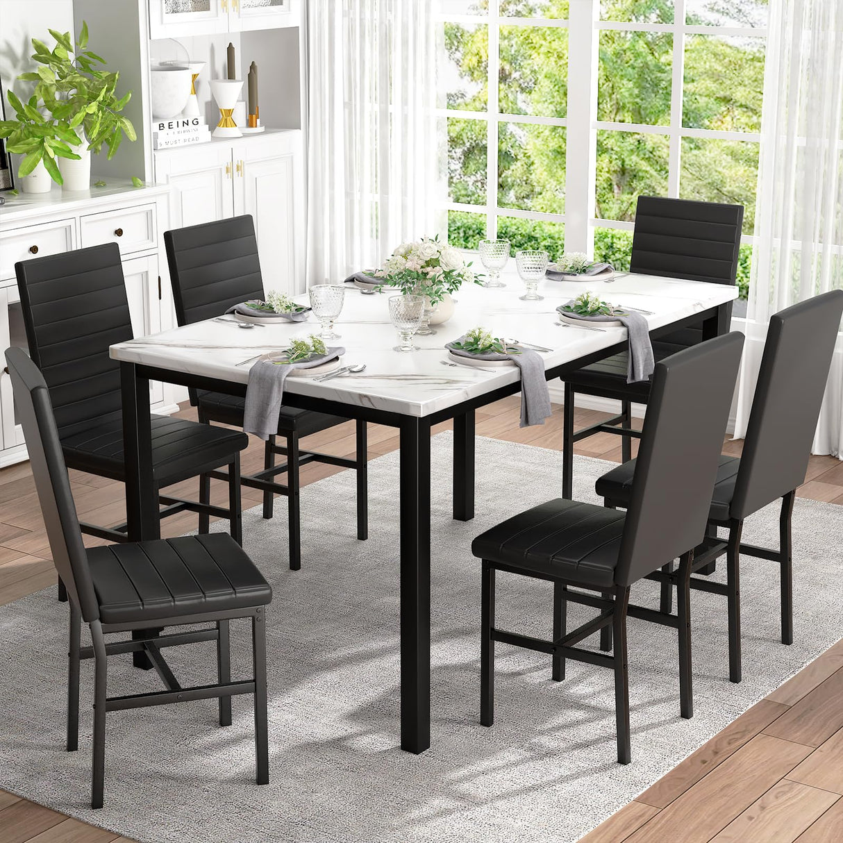 Recaceik Dinner Table Set for 6,Faux Marble Dining Room Table Set,7 Piece Dining Table Set for 6 with PU Leather for Kitchen and Dining (White & Black) Recaceik