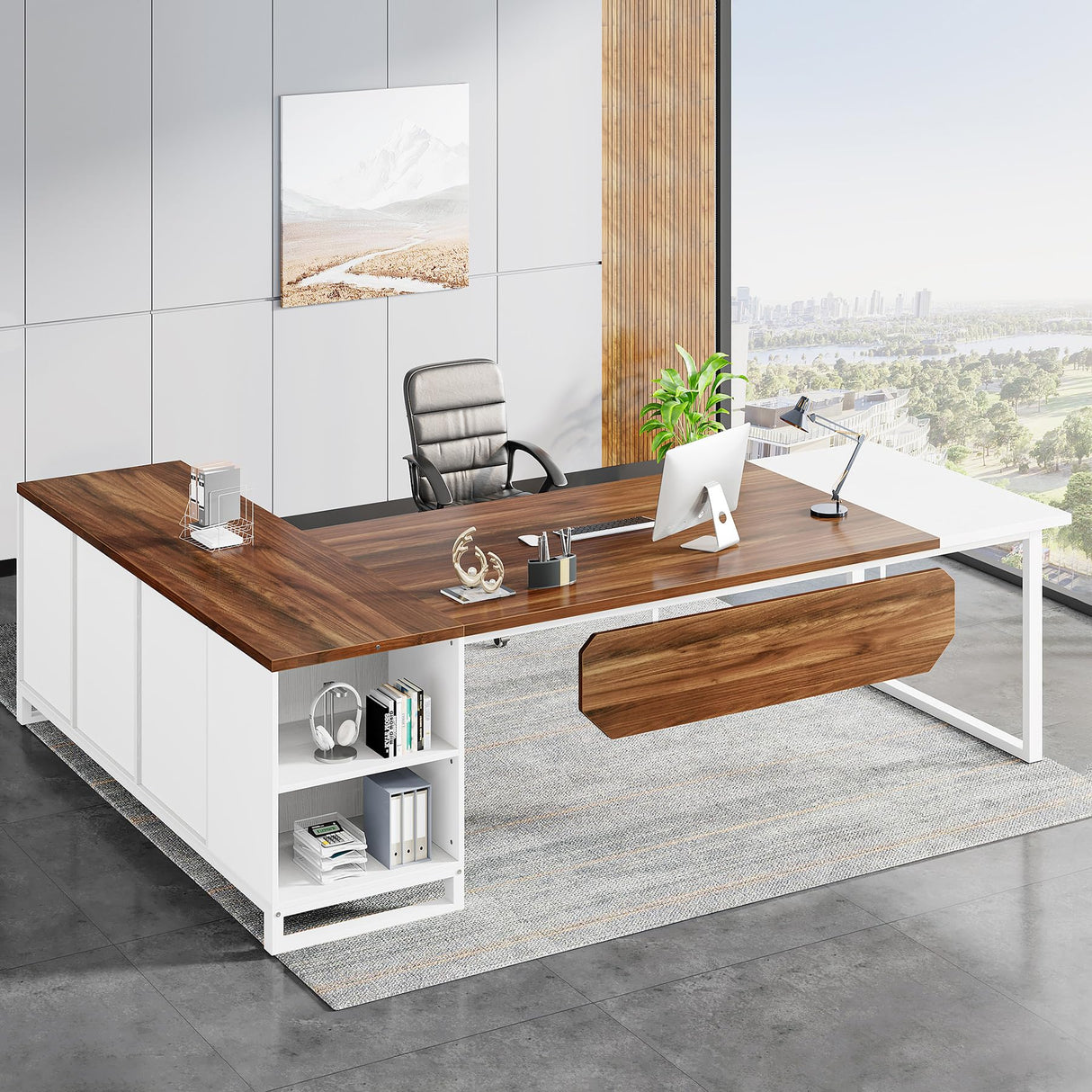 Tribesigns 70.8-Inch Executive Desk with 55-Inch File Cabinet, Large L Shaped Computer Desk with Storage Cabinet and Shelves, Modern L-Shaped Desk for Home Office, Walnut & White Tribesigns