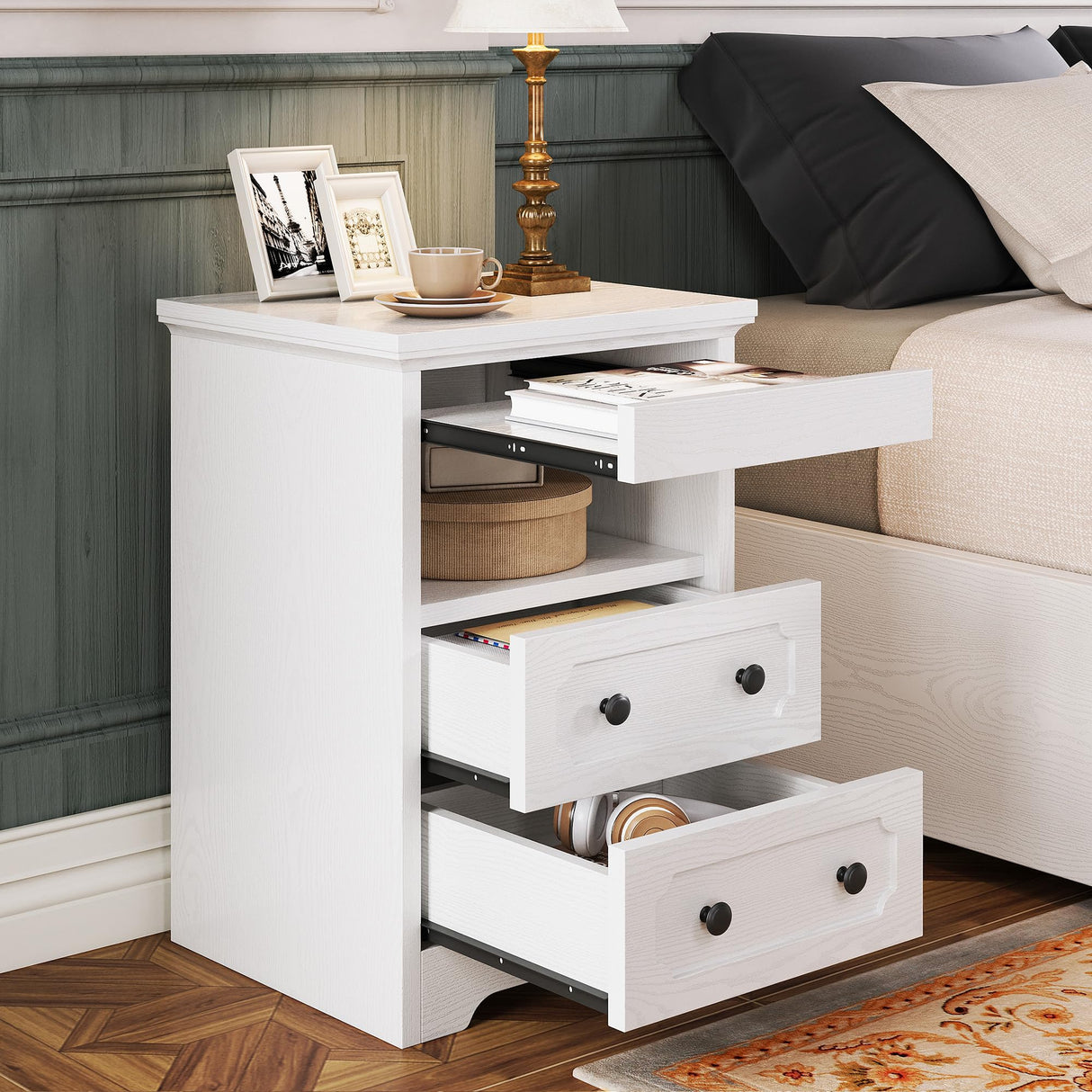 LIKIMIO Night Stand, Modern Bedside Table with 3 Drawers, Open Shelf, End Table with Pull-Out Tray, Wood SideTable, White LIKIMIO