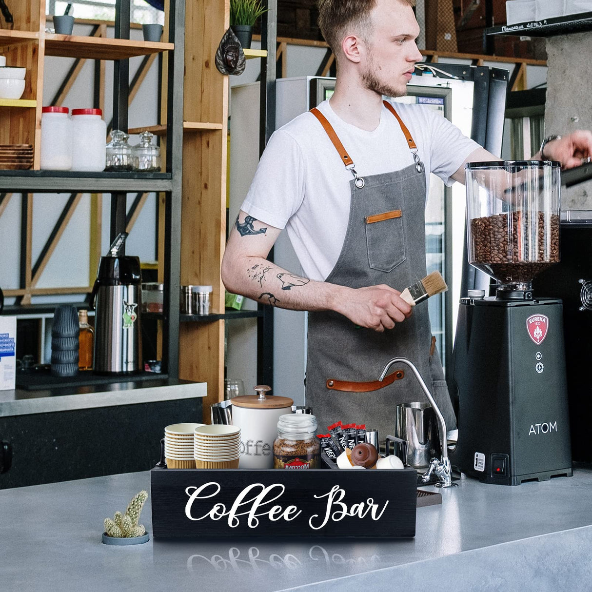 Coffee Station Organizer Wooden Coffee Bar Organizer for Countertop, Coffee Bar Accessories Organizer Farmhouse Kcup Coffee Pod Holder Storage Basket with Handle - Black MINCORD