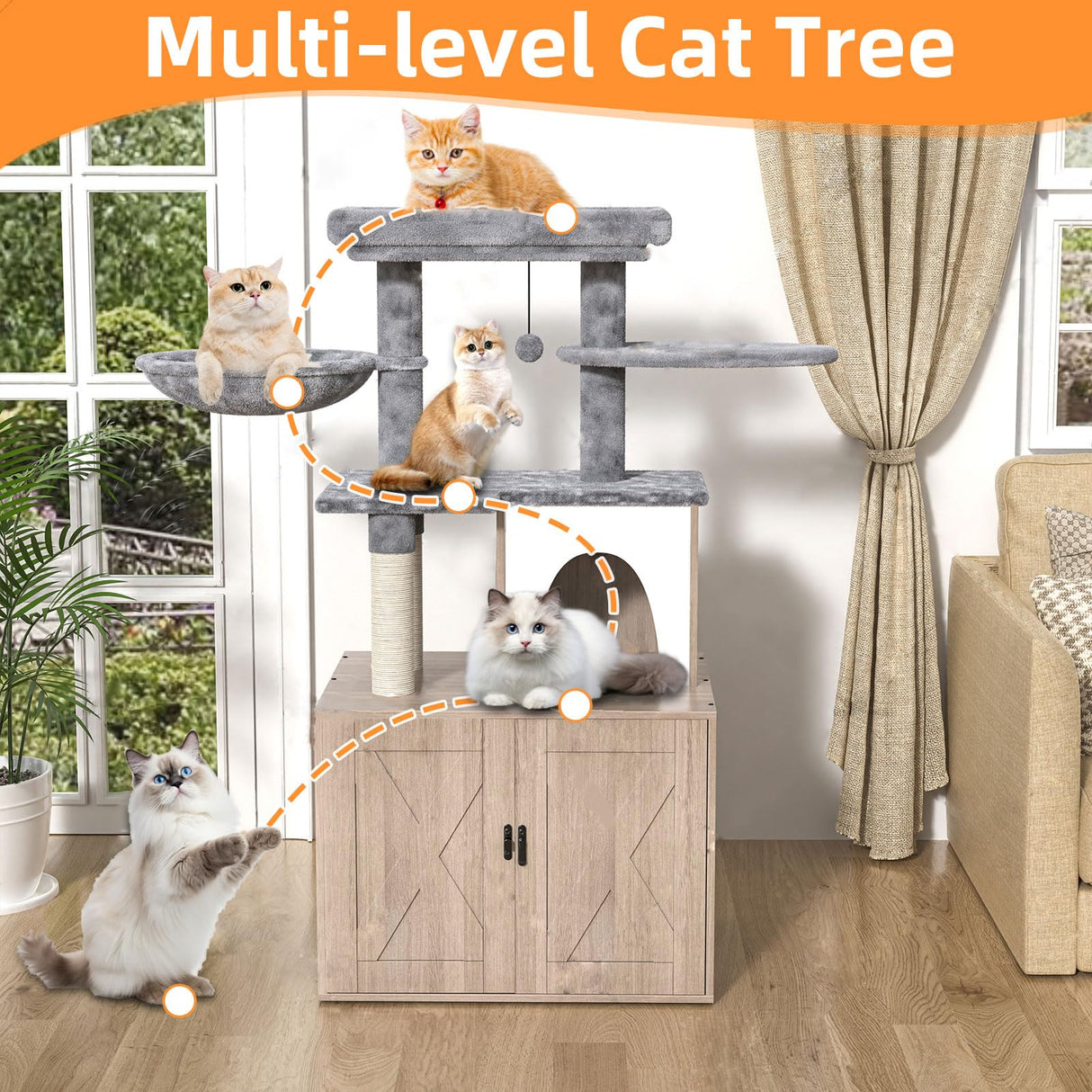 HavenlyYouth Litter Box Enclosure with Cat Tree,Cat Tree with Litter Box Enclosure,Hidden Pet Washroom Furniture with Sisal Scratching Post,Hammocks,Condo,Multiple Platform,Soft Plush Perch, Grey HavenlyYouth