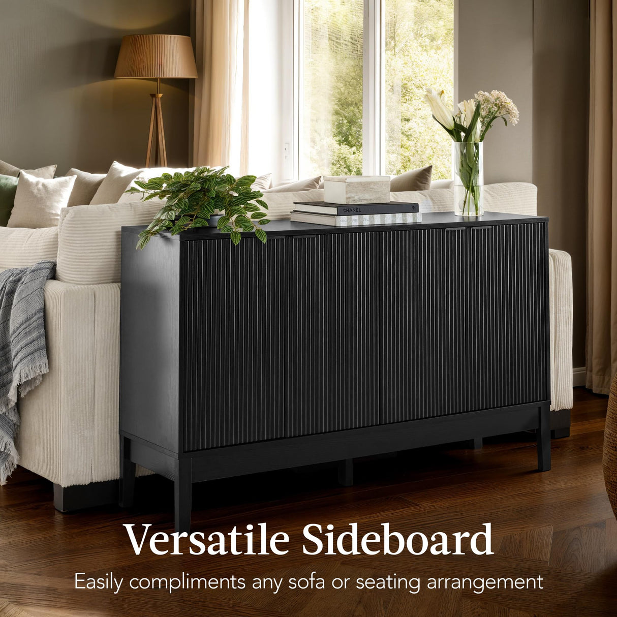 Best Choice Products 55" Modern 4-Door Sideboard Storage Cabinet, Buffet, Media Cabinet, Cupboard, Entryway Accent Table, Bookcase w/Reed Panels and Adjustable Shelves - Black Best Choice Products