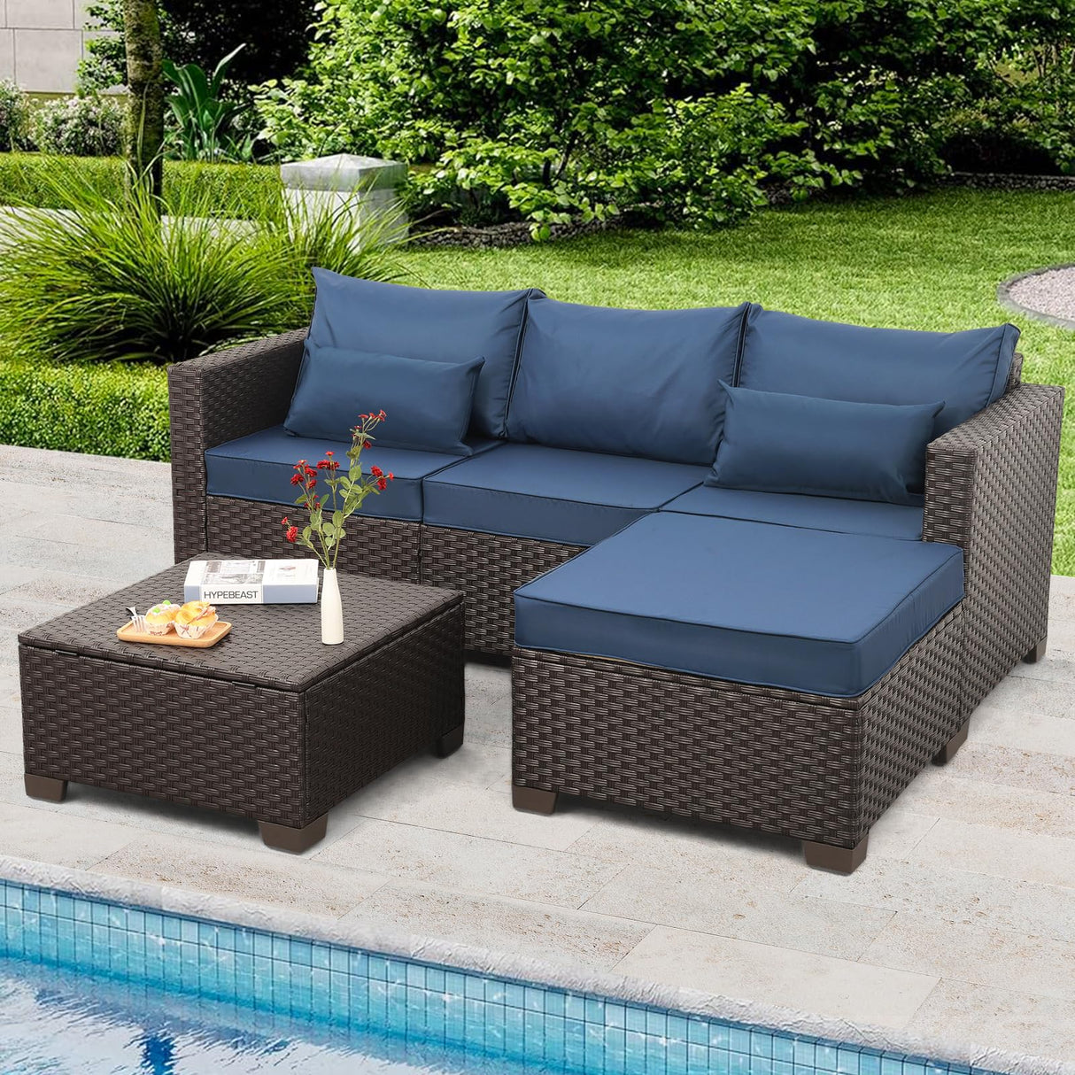 Patio Furniture Set 3 Pieces Outdoor Sectional Sofa Set Wicker Patio Furniture Outdoor Couch Outdoor Ottoman Coffee Table with Storage All-Weather Anti-Slip Cushions Waterproof Covers, Navy Blue Rattan Star