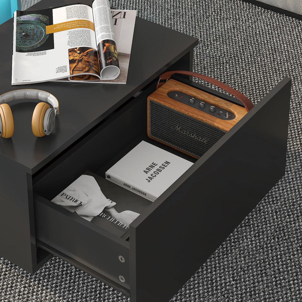 HedoAjim Black Led Coffee Table for Living Room, Rectangular Living Room Table with Storage, Acrylic Coffee Tables with 2 Sliding Drawers, Wood Center Table for Reception Dinning Room HedoAjim