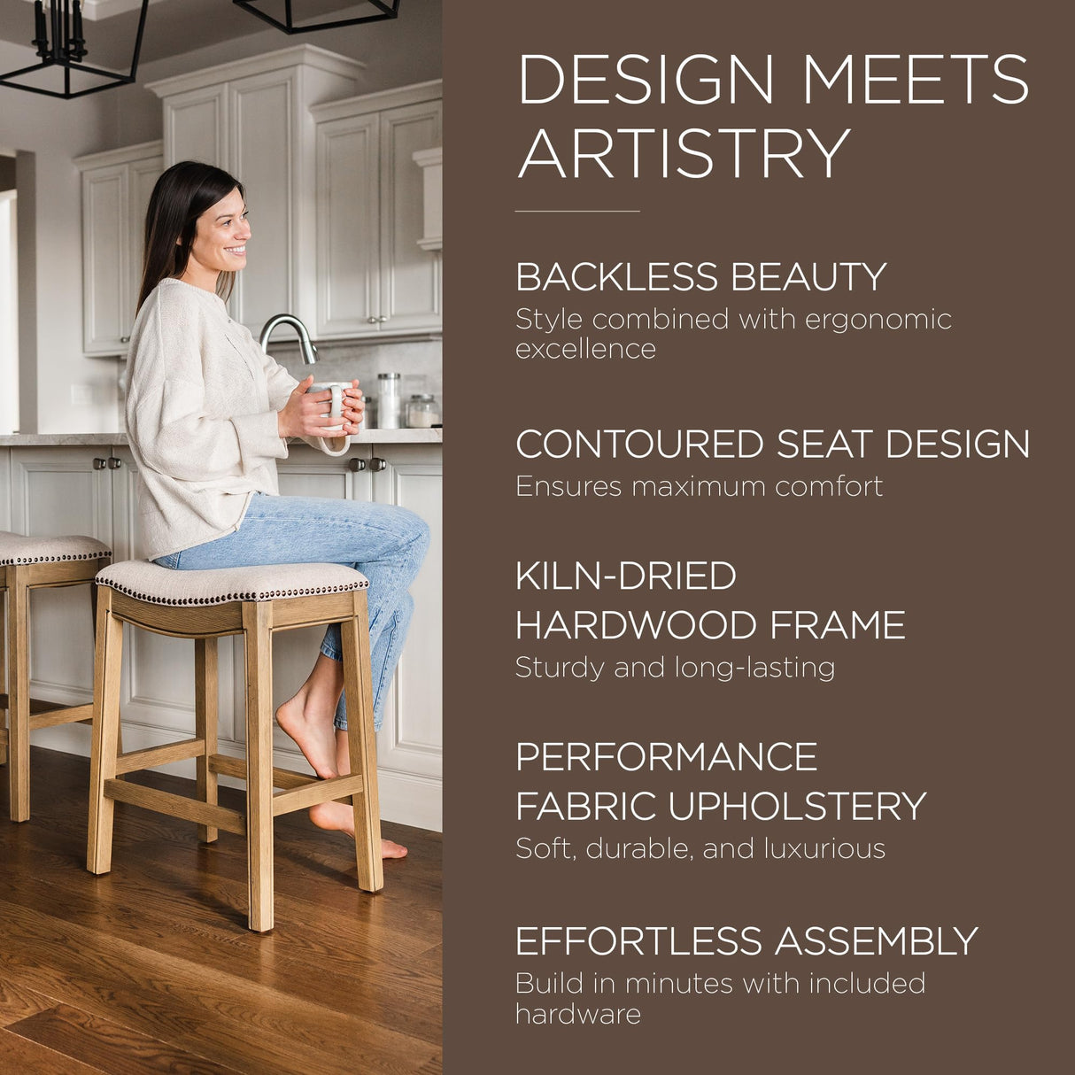 Maven Lane Adrien 26 Inch Counter Height Upholstered Backless Saddle Barstool in Natural Wood Finish with Wheat Cream Fabric Cushion Seat, Set of 2 Maven Lane