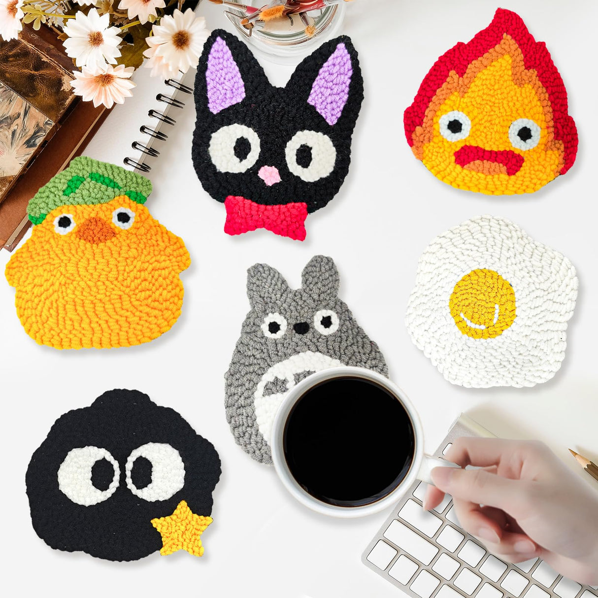 PUNICA Punch Needle Kit for Beginners, Kids & Adults Coaster Set of 6, Easy DIY Embroidery Set Starter Craft Gift with Cute Cartoon Decoration PUNICA