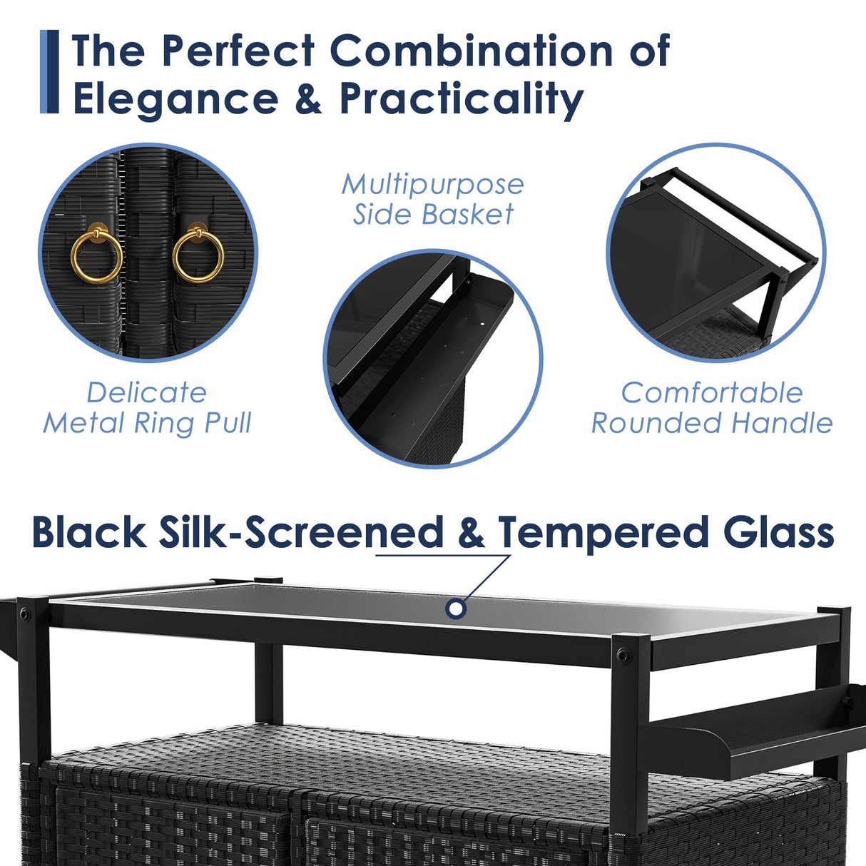 Xilingol Outdoor Bar Table, Wicker Bar Cart with Cabinet, Patio Serving Cart with Tempered Glass Top, Lockable Wheels, Rounded Handle & Side Basket for Garden, Poolside & Backyard, Black Xilingol