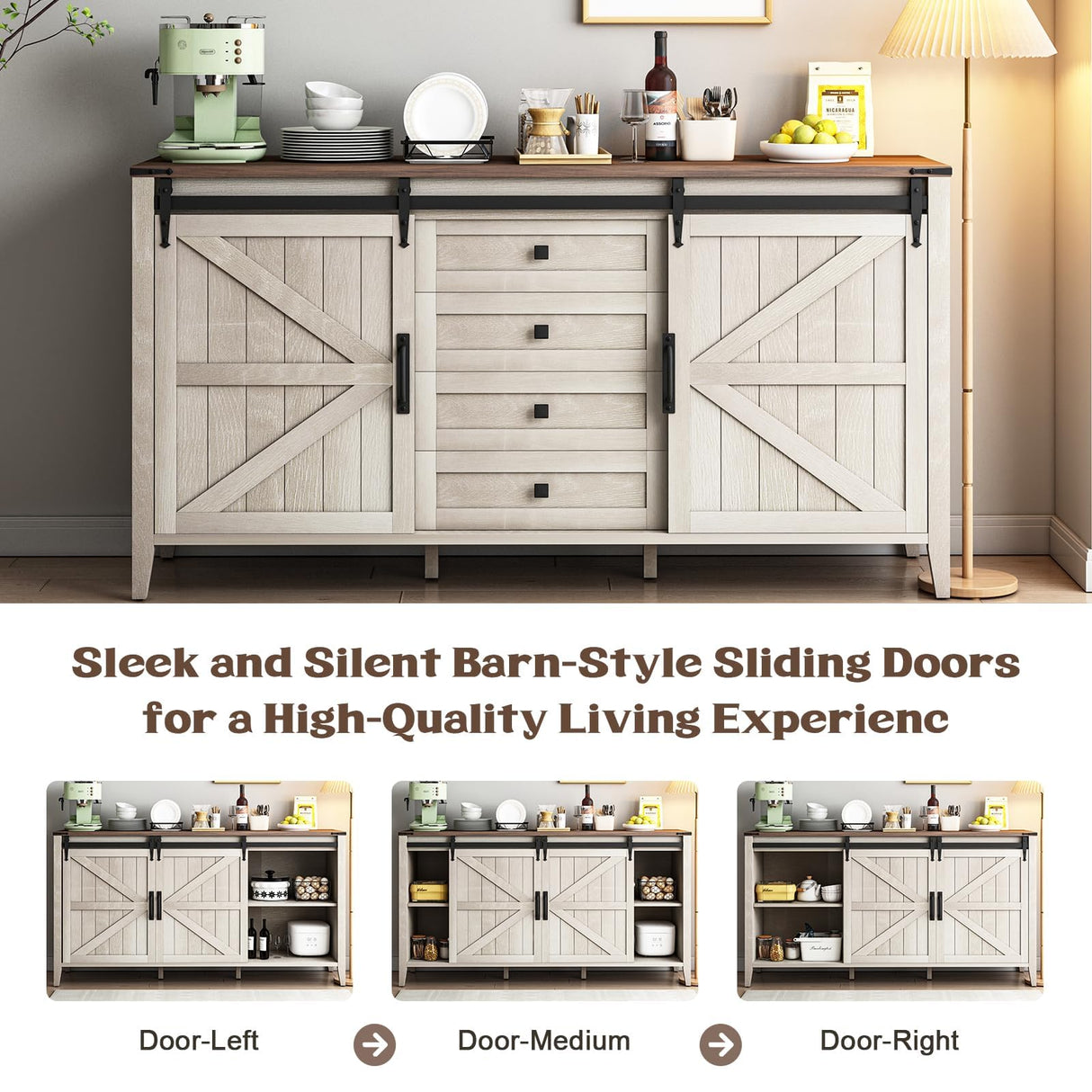 Farmhouse Dresser for Bedroom, Chests of Drawers for Clothes, 4 Drawers Dresser with Sliding Barn Door, White Dresser Wood, 60” Wide Dresser with Storage Organizer for Kids, Tall TV Stand GlouMod