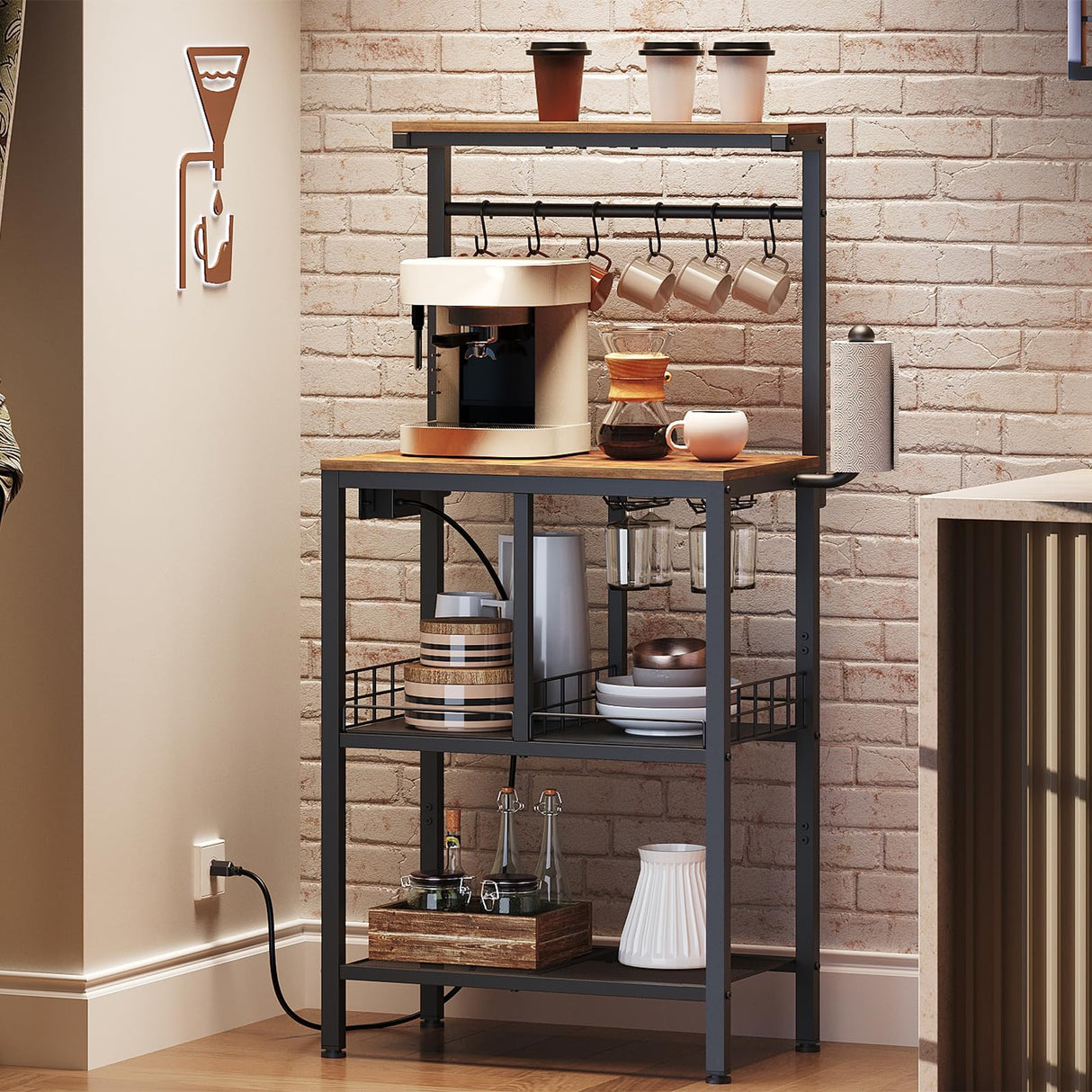 YATINEY Bakers Rack, 4-Tier Microwave Stand, Bakers Rack with Power Outlet, Kitchen Storage Rack with Wine Glass Holder and Paper Holder, for Kitchen, Dining Room, Living Room, Rustic Brown HB02UBR YATINEY