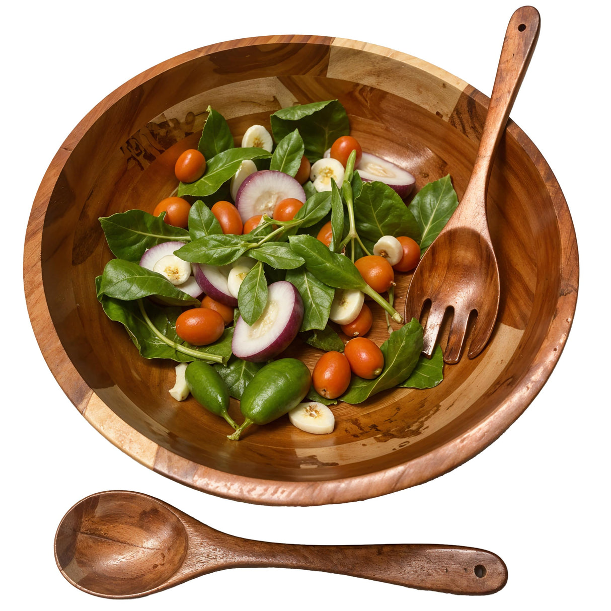 Acacia Wooden Salad Bowl with 2 Serving Spoons – Large Wood Fruit Bowl, Perfect for Salad, Popcorn, and Pasta, Ideal Housewarming Gifts for New Home, Rustic Wooden Serving Bowl Set Shalinindia