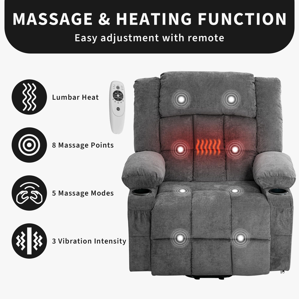 Large Power Lift Recliner Chair for Elderly Wide Electric Lift Chair with Massage and Heat for Big and Tall Adults Reclining Sofa Chair with Remote Control, Cup Holders, Side Pockets, USB Port, Gray WARMTOBABY