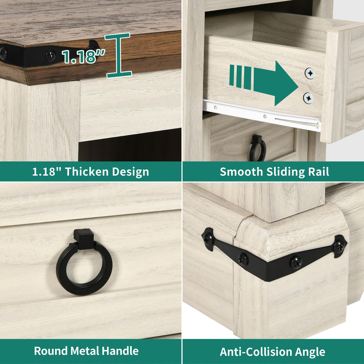 YITAHOME Farmhouse Nightstand with Charging Station, 2 Drawers Night Stand for Bedroom, LED End Table Side Table w/Open Shelf, Set of 2, Off White+Walnut Grain YITAHOME