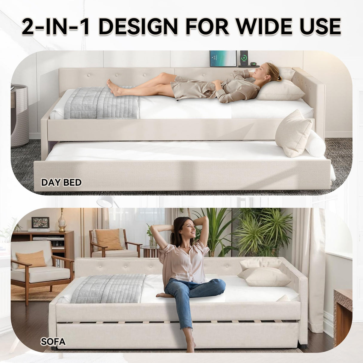 GM Ultra Queen Size Upholstered Daybed with Twin Size Trundle and USB Port, Comfy Linen Fabric Corner Day Bed Frame, Modern L Shaped Sofa Bed Frame with Wood Slats, Easy Assembly, Beige GM Ultra