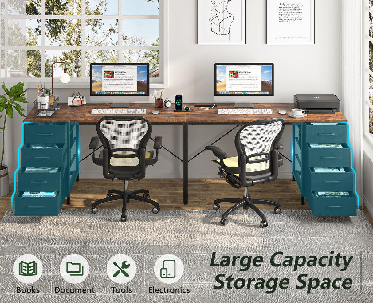 TVU 110" 2 Person Desk with 8 Drawers, Large Writing Home Office Desks with Outlets, I Shaped Workstation Double Desk Drawer Organizers (Rustic) TVU