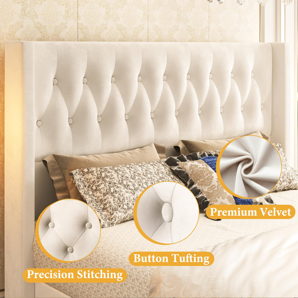 HISOFT Queen Bed Frame, Velvet Upholstered Queen Platform Bed with 48.8" Tall Wingback Headboard, Button Tufted, No Box Spring Needed, Noise-Free, Cream HISOFT