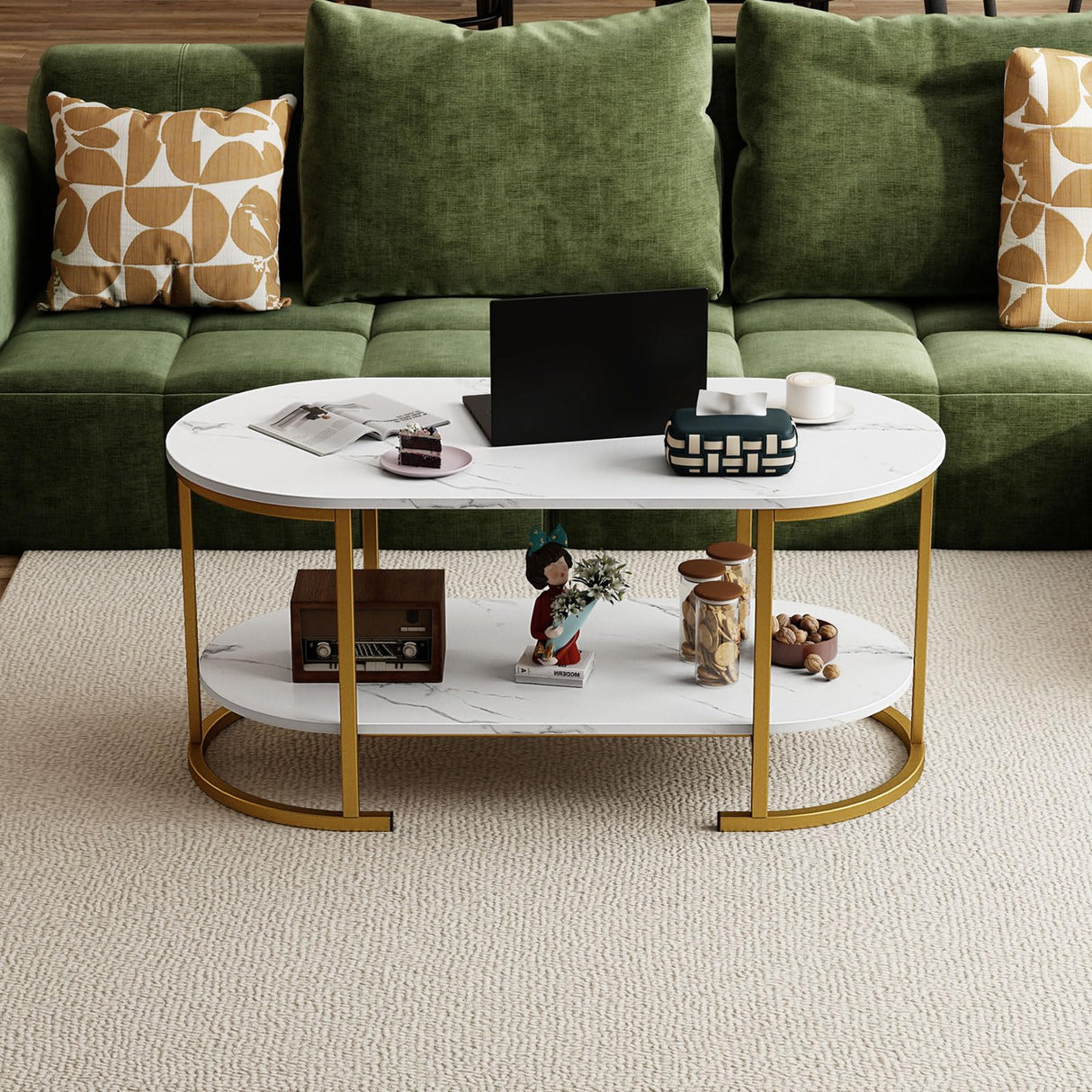 Giantex 2-Tier Coffee Table, Oval Center Table with Faux Marble Top & Open Storage Shelf, Modern Accent Table with Heavy Duty Metal Frame, Oval Coffee Tables for Living Room, White and Gold Giantex