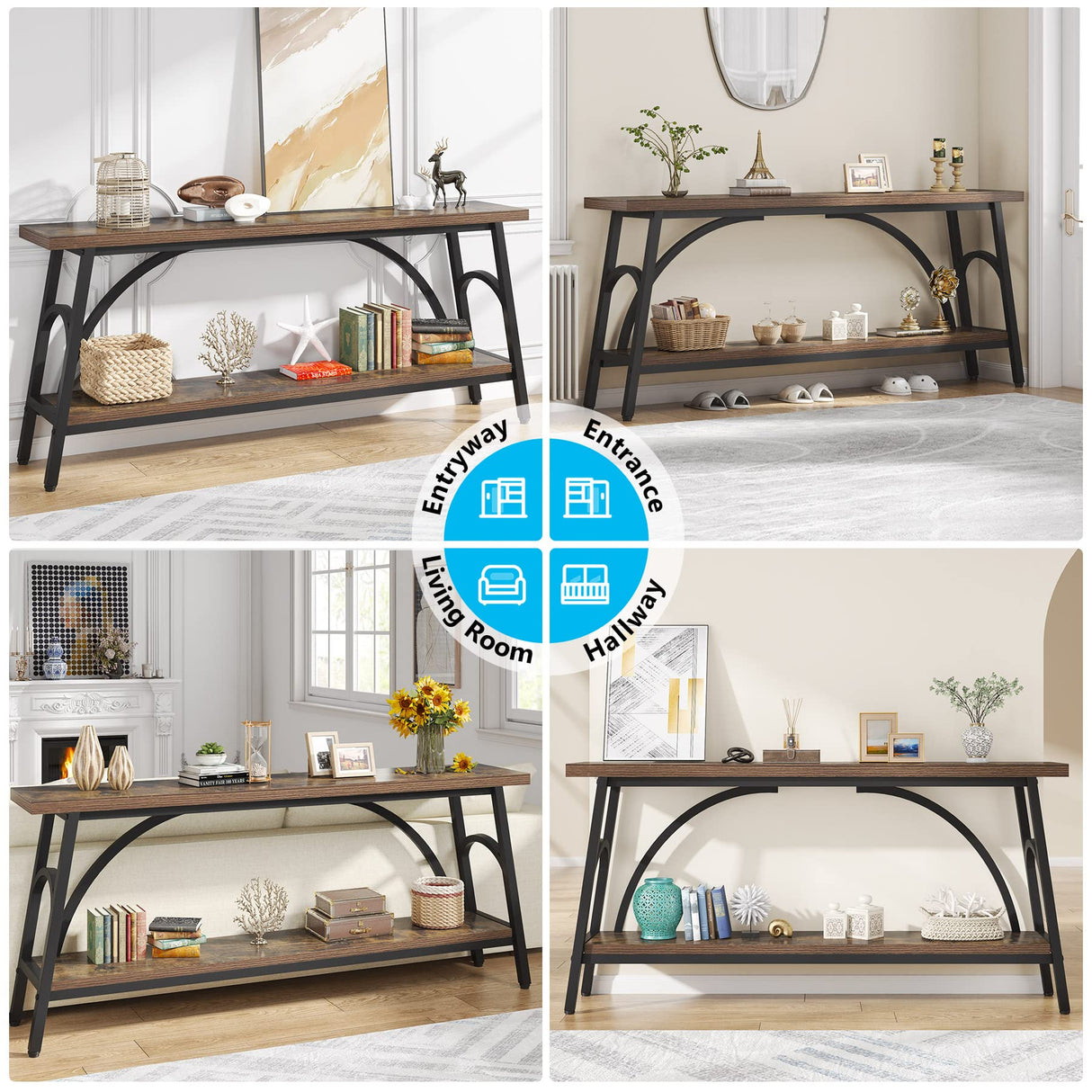 Tribesigns Extra Long Sofa Tables, 70.8”Console Table for Entryway, Wood Console Table 2 Tier TV Stand, Behind Couch Table for Living Room, Rustic Brown Black Tribesigns