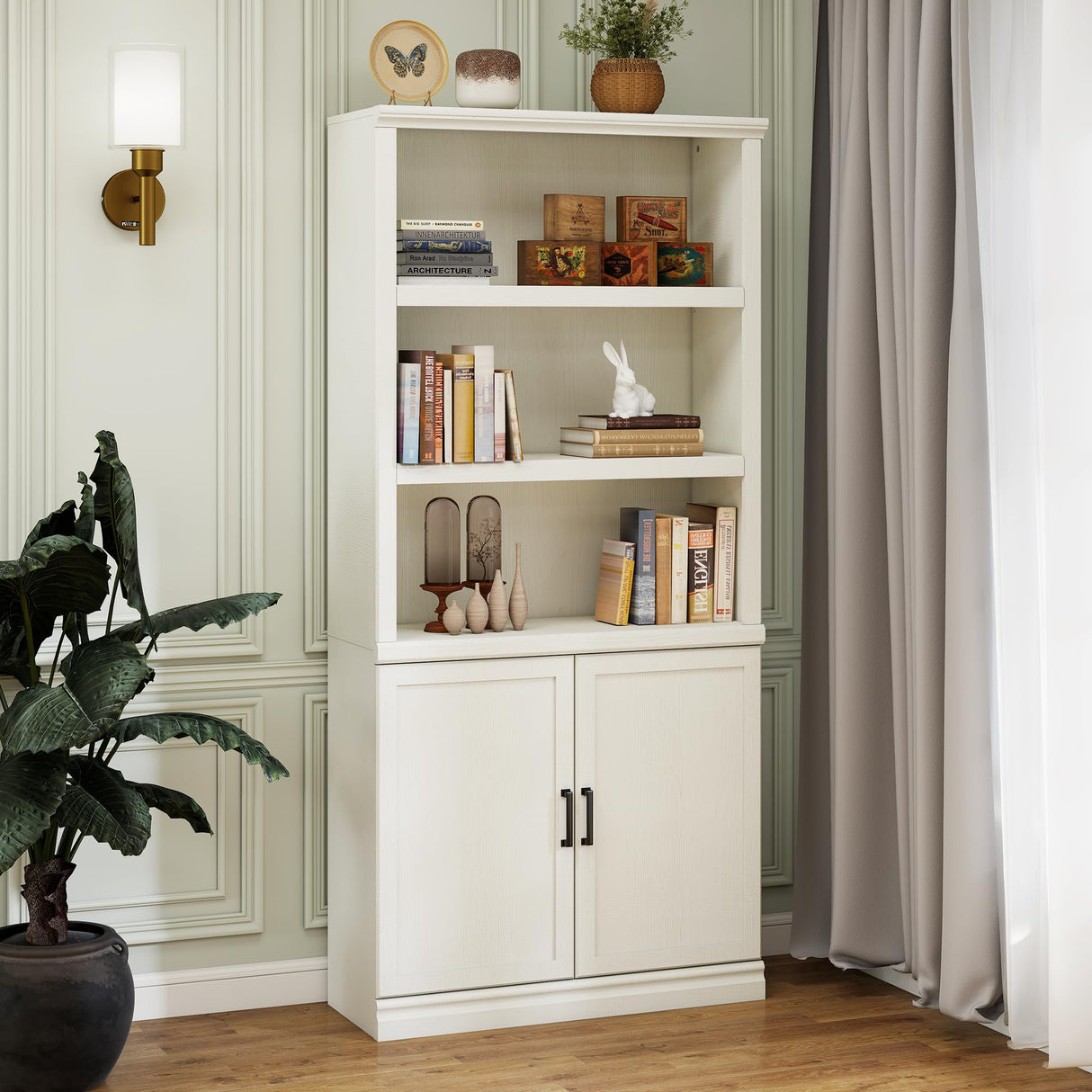 70 Inch Tall Bookcase with Doors, Library Office Bookshelf with Adjustable Shelves, Floor Standing Storage Cabinet for Bedroom Living Room Organizer with Anti Tipping Kit, Soft White Finish Bevfint