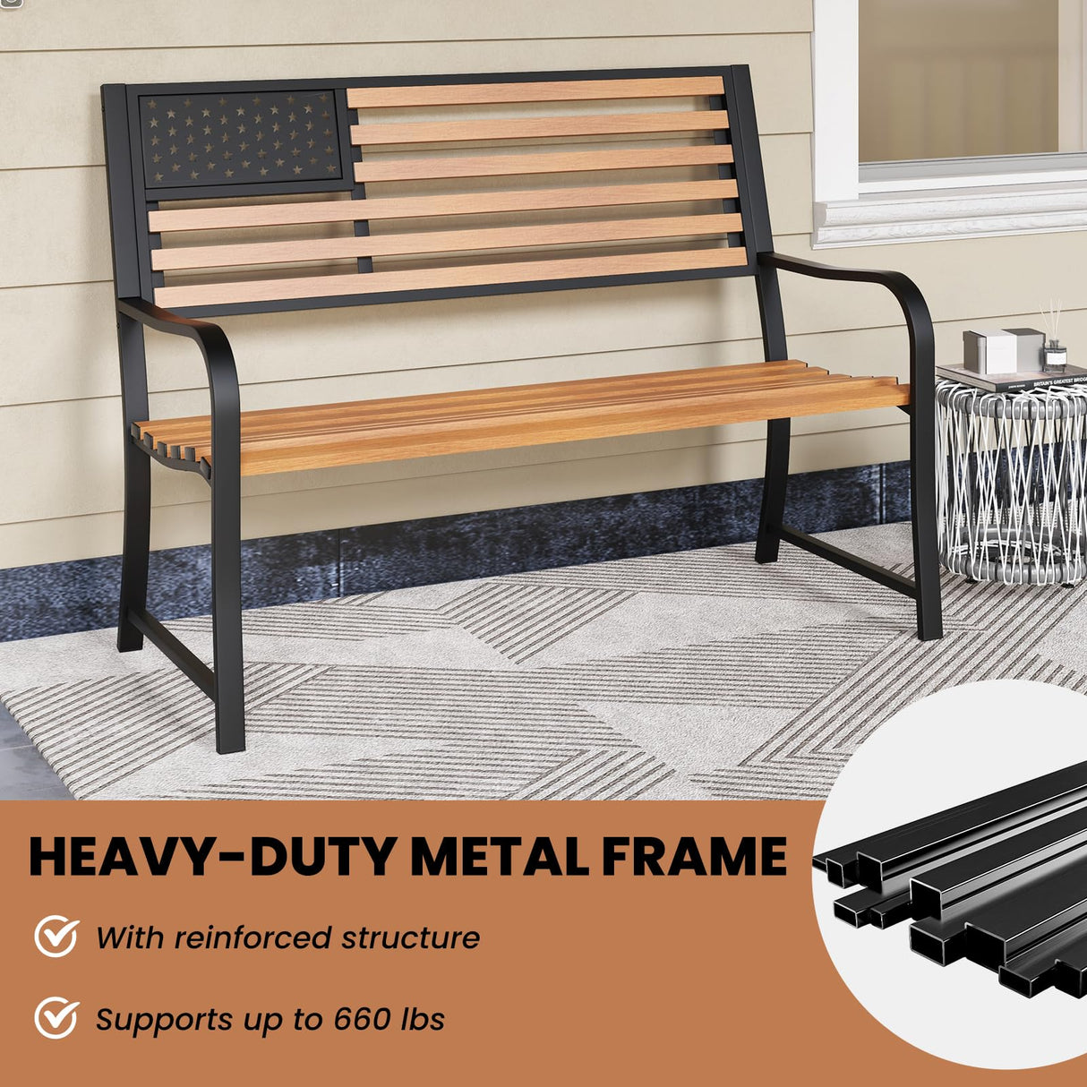 Tangkula 50” Patriotic Metal Garden Bench for 2 with Rustic Wood Finish and Ergonomic Design Tangkula