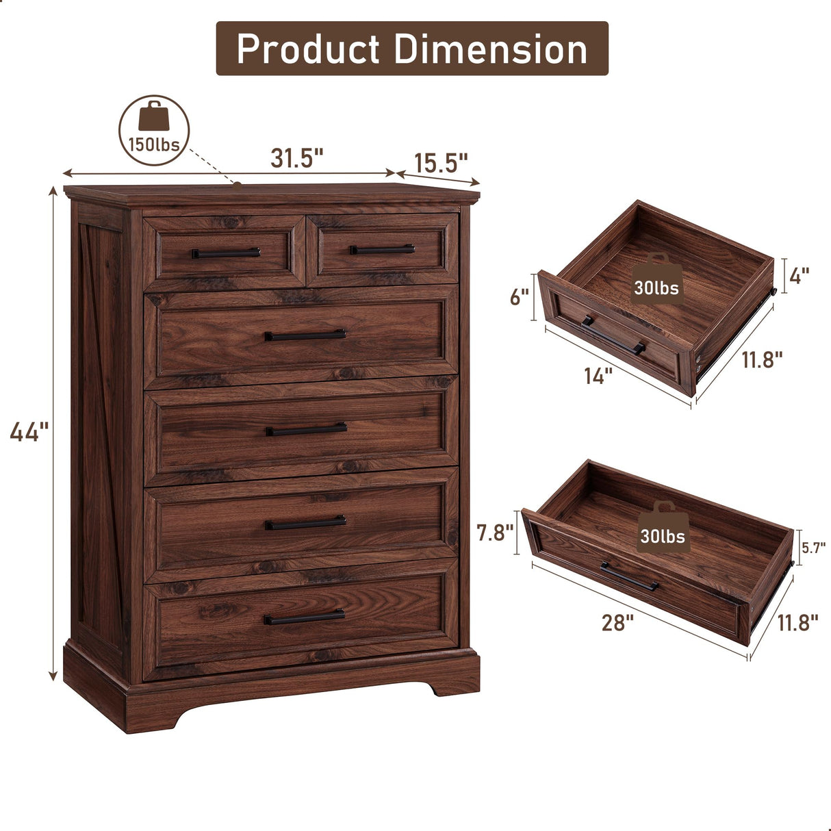 ACCOHOHO 6 Drawer Dresser, Farmhouse Chest of Drawers for Bedroom, 44" Tall Dresser with Large Metal Handles, Wood Drawer Organizer for Living Room, Hallway, Closet - Brown ACCOHOHO