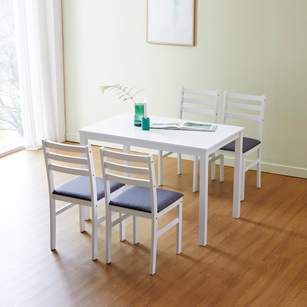 Livinia Seattle 5-Piece Wooden Dining Table Set for 4, Modern Farmhouse Kitchen Dining Room Set with Solid Wood Ladder Back Chairs for Small Space (White) Livinia