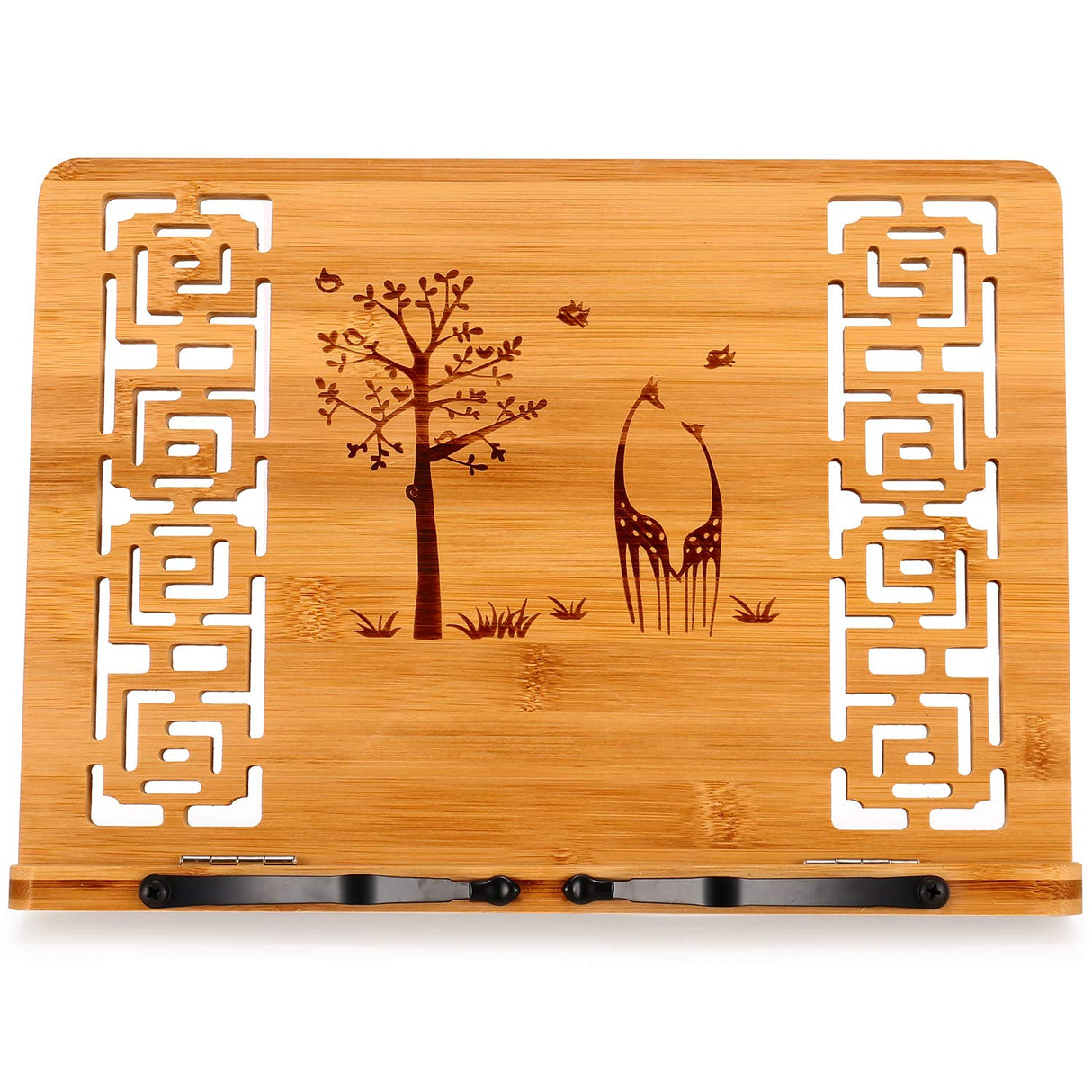 MEGREZ Book Stand for Reading (13.2 x 9.4 inch) Bamboo Cookbook Stand Holder for Kitchen, Adjustable Book Holder Stand for Tablet/Textbook Holder/Hollow Bookrest Stand, Giraffe and Tree MEGREZ