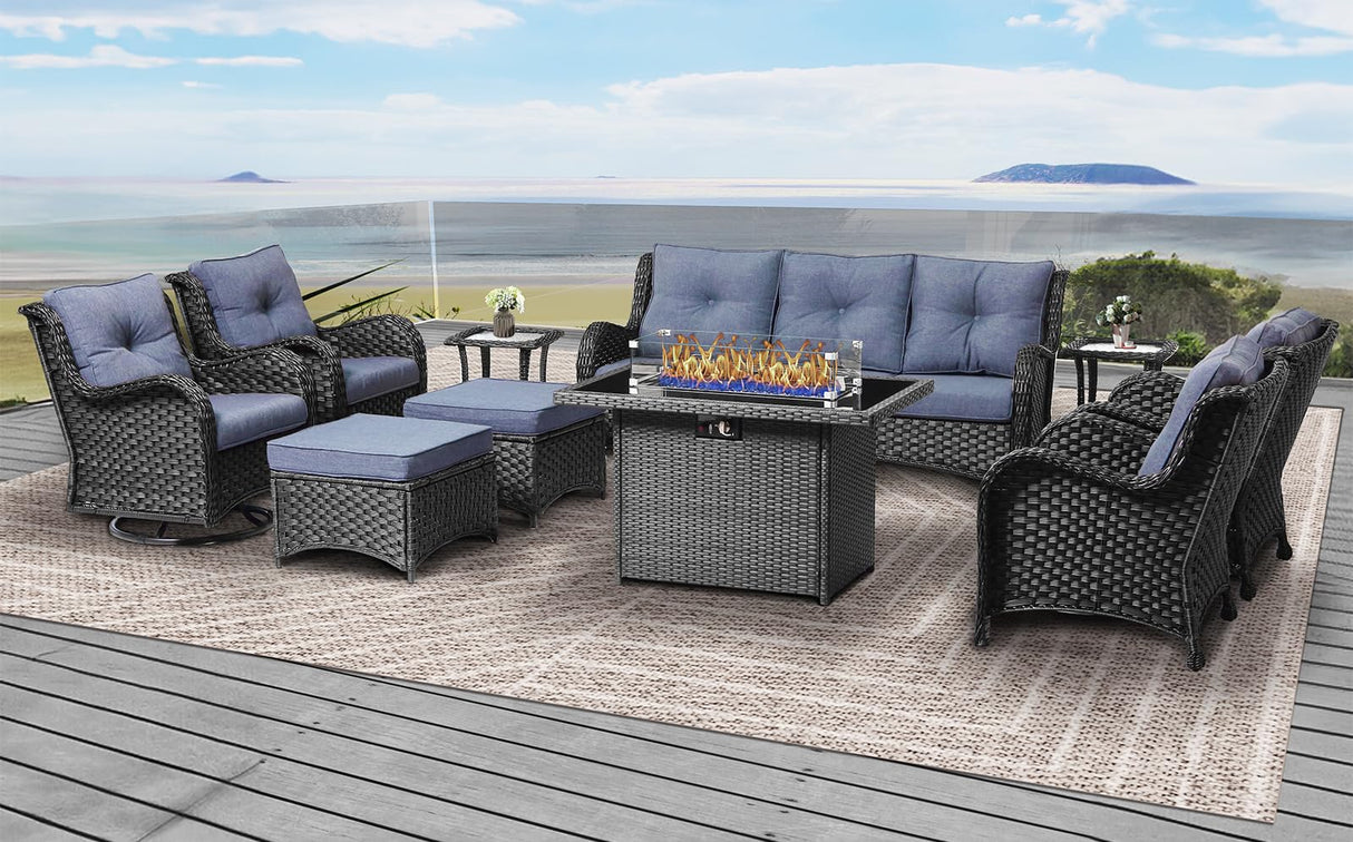 LayinSun 10 Pieces Outdoor Patio Furniture Set with Fire Pit Table, Rattan Wicker Sectional Swivel Rocker Chairs Sets with Ottomans, Swivel Glider Chairs, Single Chairs and Coffee Table LayinSun