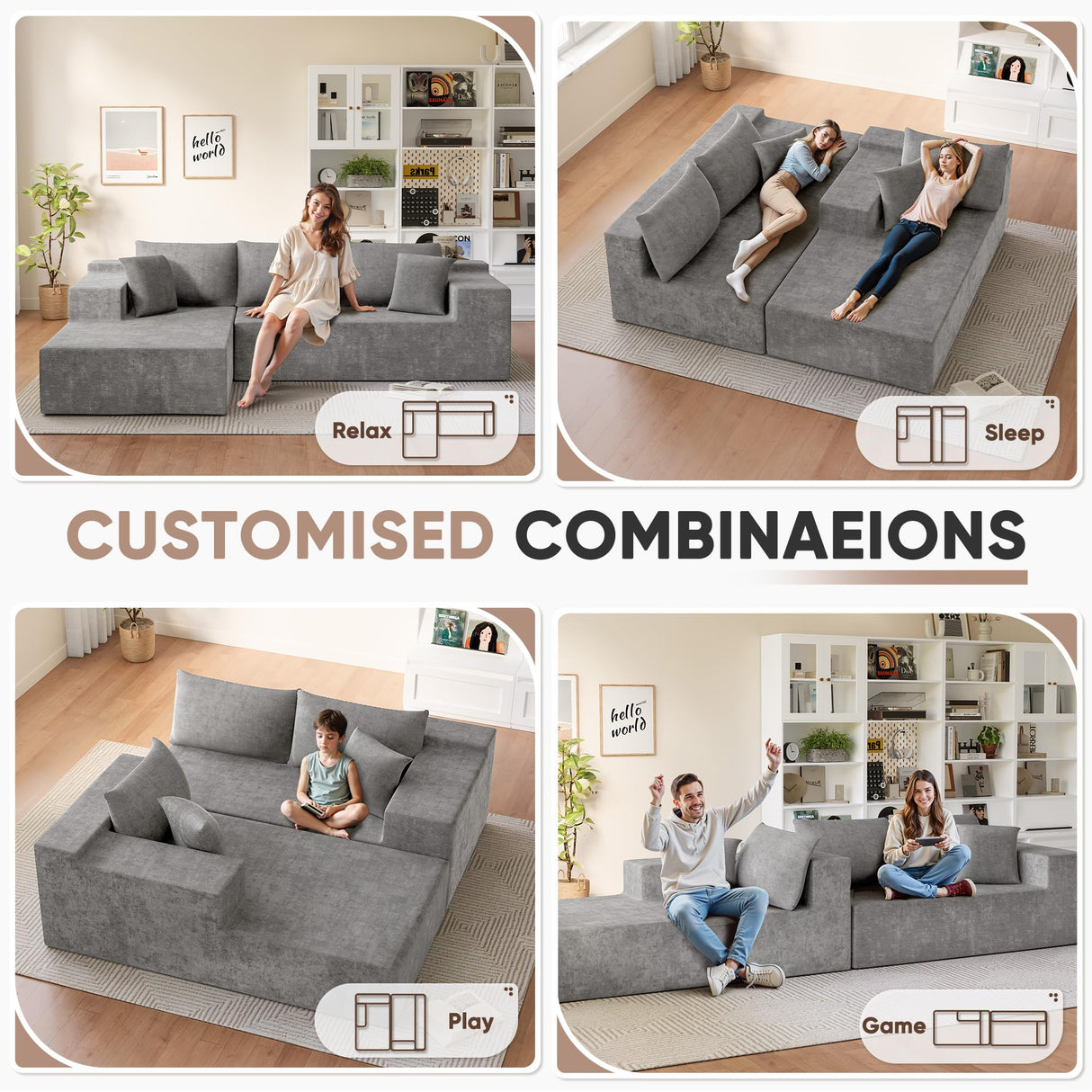 Homall 108" Modular Sectional Sofa, Boneless Couch with L-Shape Chaise, Cloud Couch with Deep Seat Upholstered, No Assembly Required for Living Room, Bedroom (Chenille, Grey) Homall