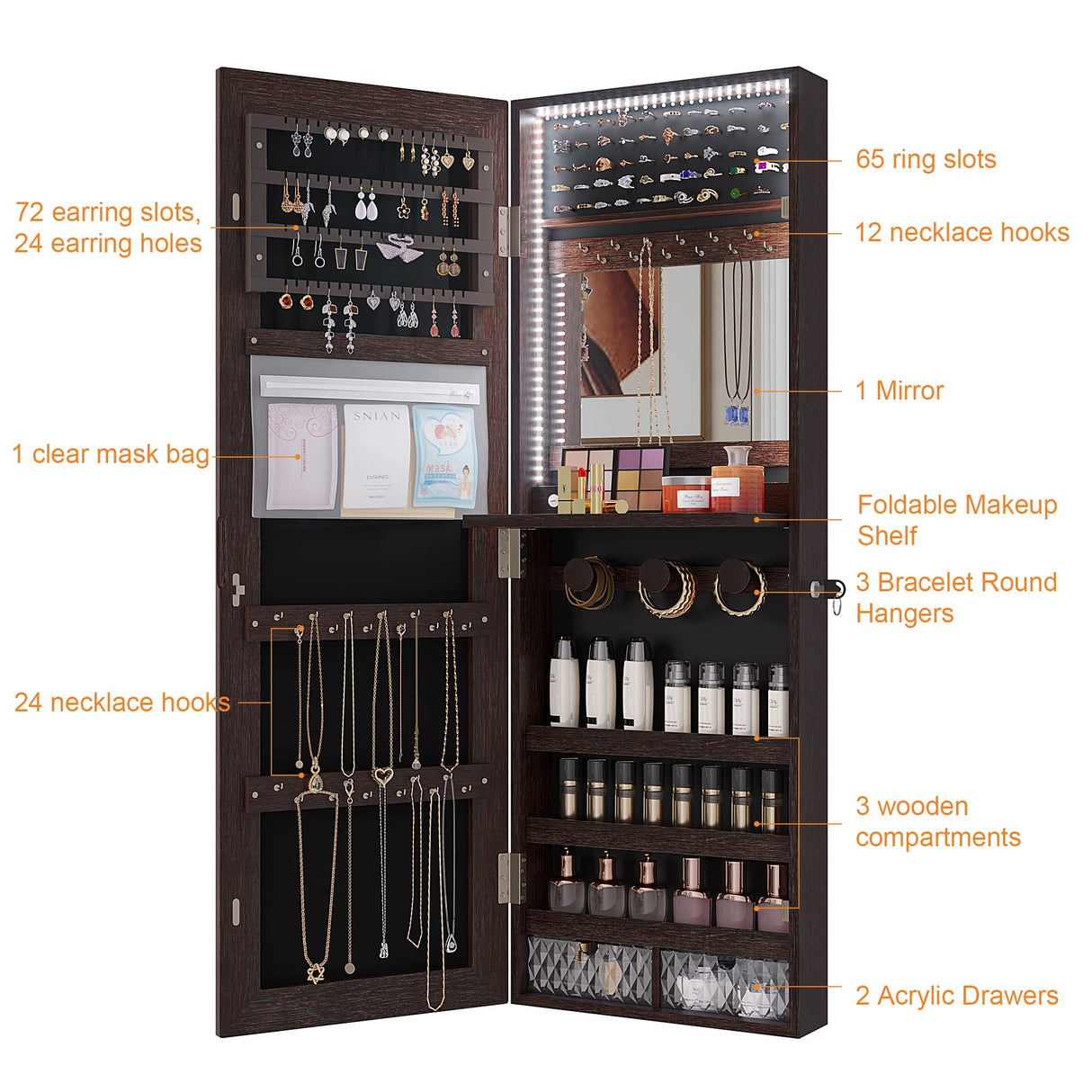 FREDEES LED Jewelry Wardrobe with 42.52" Tall Door Mirror, Full Length Mirror Jewelry Cabinet, Lockable Jewelry Organizer, Wall/Door Jewelry Box and Organizer / 2 Small Storage Boxes (Brown) FREDEES