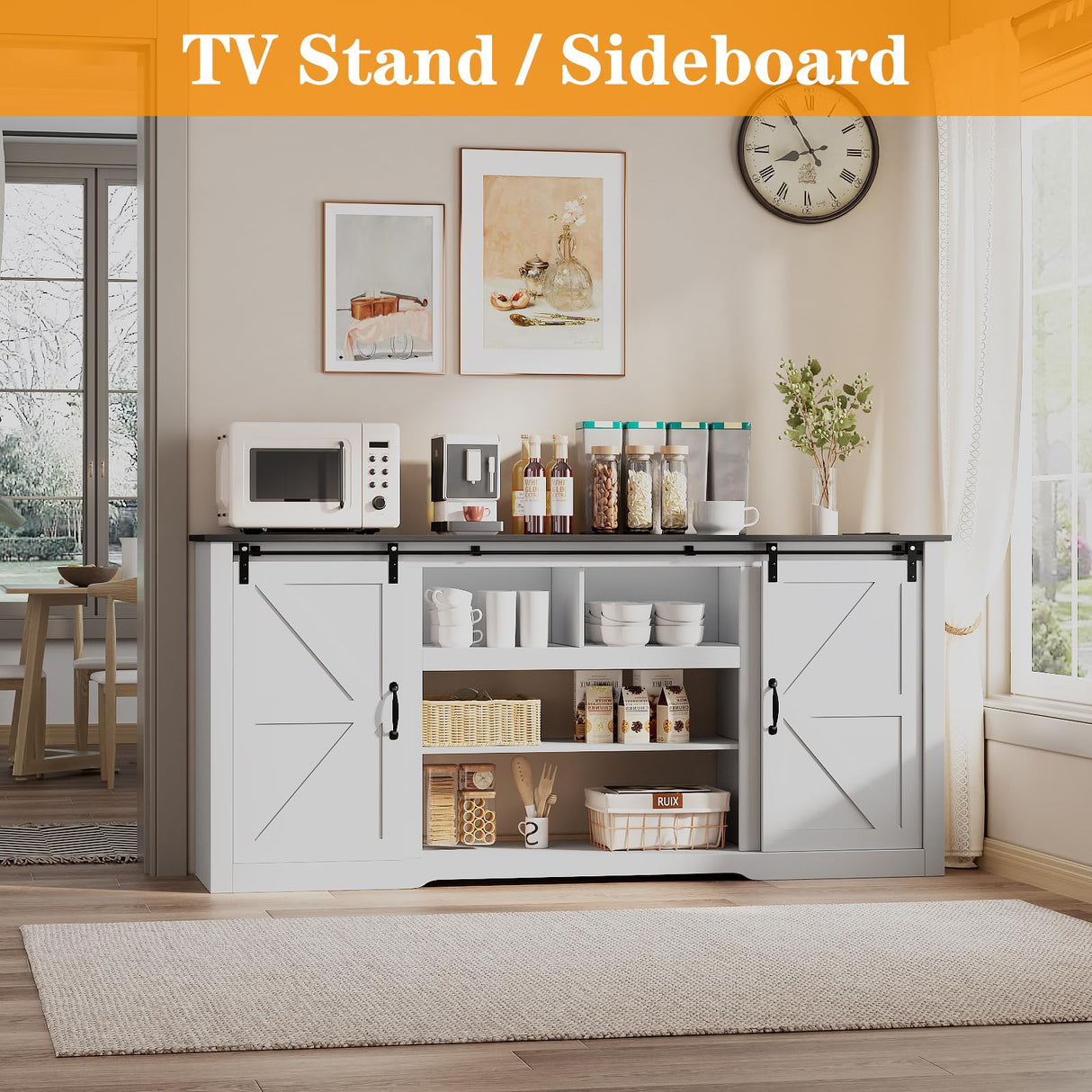GarveeLife 70 in Farmhouse TV Stand with Power Outlets for Televisions Up to 80 in TVs, Sliding Barn Door & Large Storage Cabinets with Adjustable Shelf, 32 in Tall TV Media Console, White GarveeLife