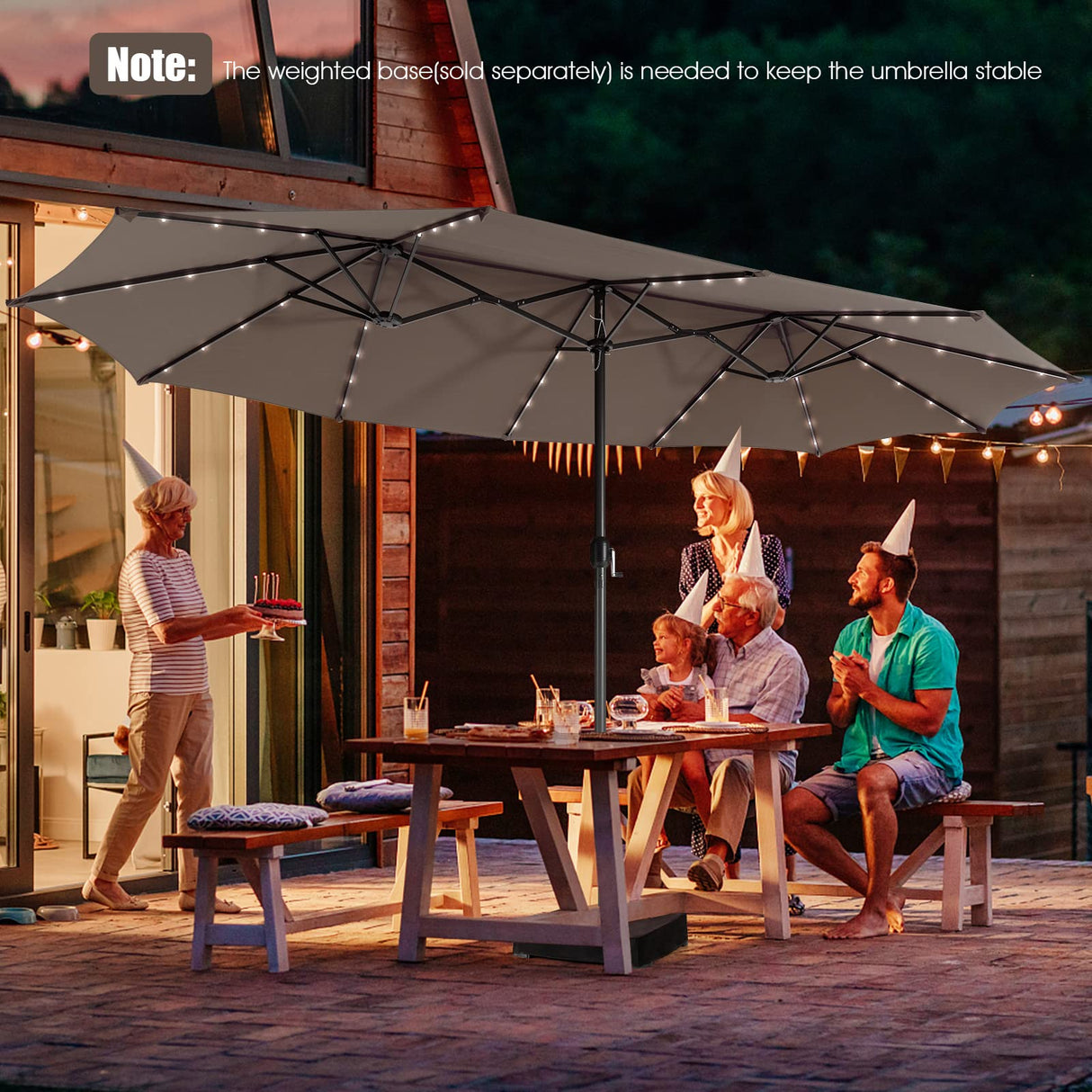 Giantex 15 FT Double Patio Umbrellas with 48 Solar LED Lights, Auto-Charging Panel, Crank System, Outdoor Extra-Large Rectangle Market Table Umbrella for Garden Deck Backyard Beach Pool (Coffee) Giantex