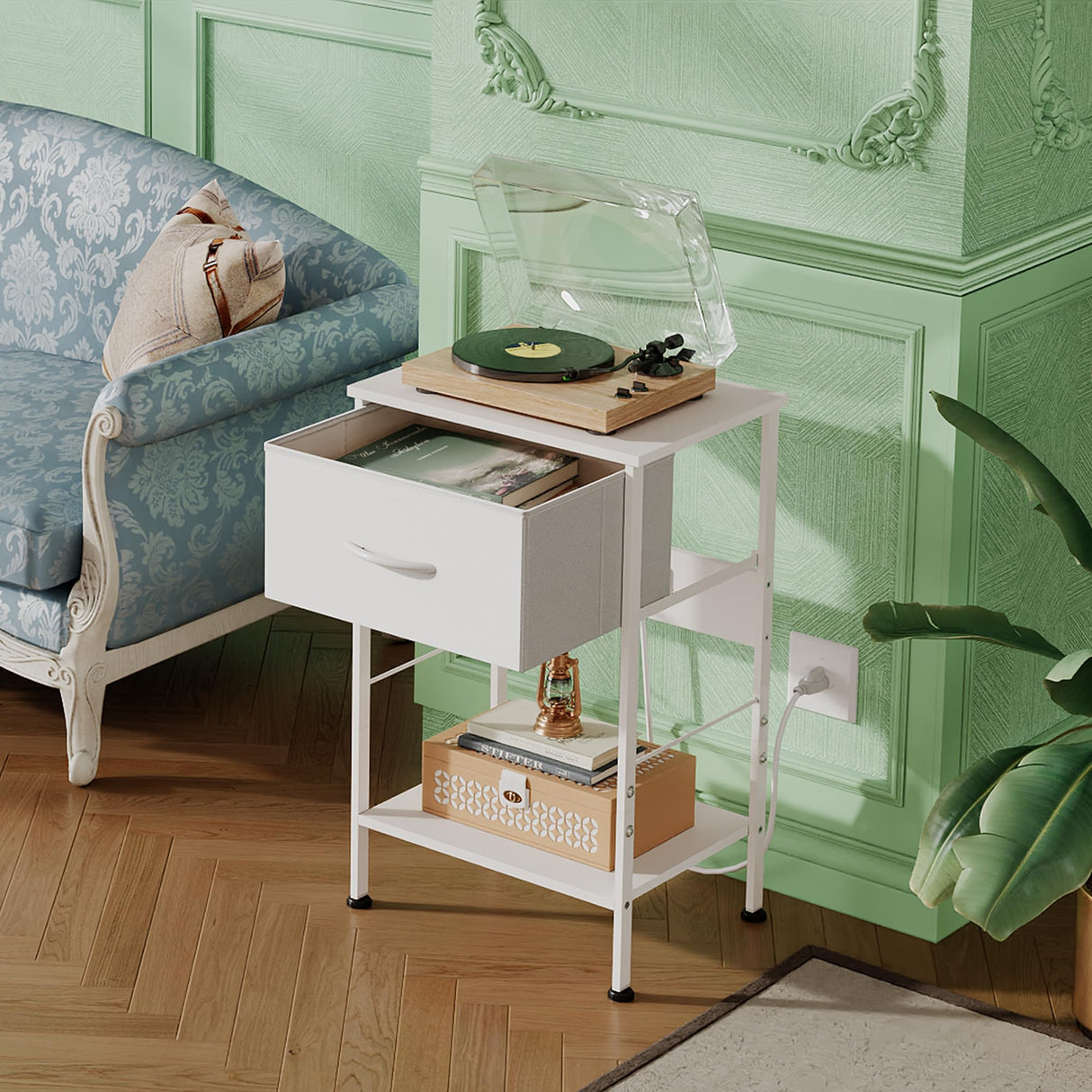 WLIVE Nightstand with Charging Station, 25" H Nightstand with 1 Fabric Drawer and Open Wood Shelf, Bed Side Table for Bedroom, 2-Tier Storage End Table, Small Dresser for Dorm, Entryway, White WLIVE