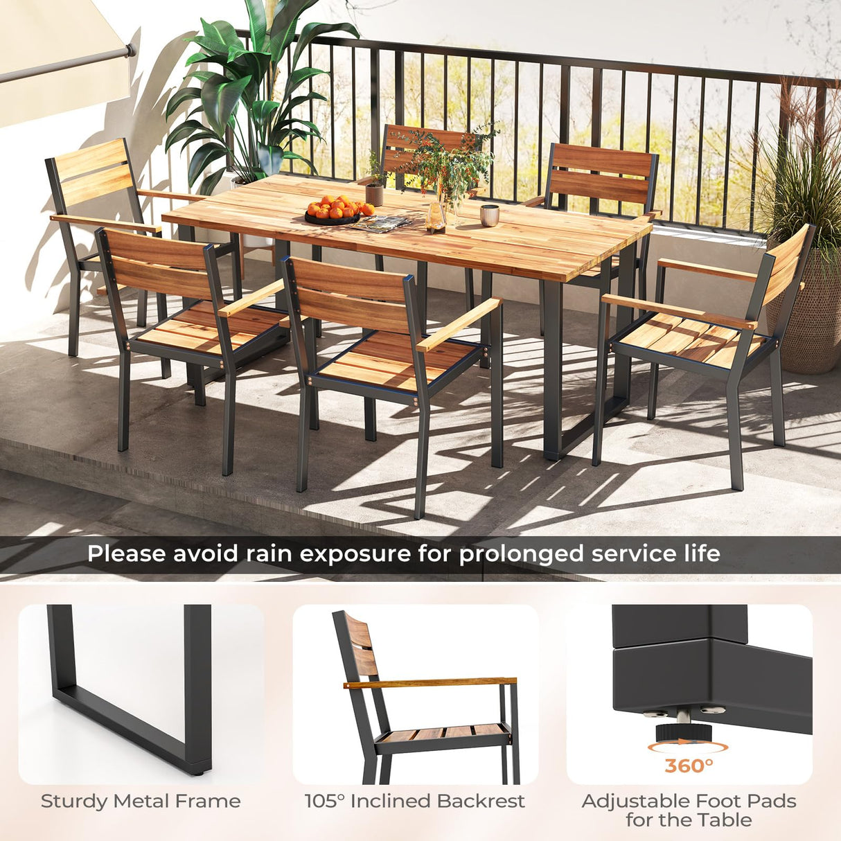 HAPPYGRILL 7 Pieces Acacia Wood Patio Dining Set with Metal Frame, Space-Saving Outdoor Furniture Set with 6 Stackable Armchairs and 69” Rectangular Table with 2” Umbrella Hole for Garden, Deck, Yard HAPPYGRILL