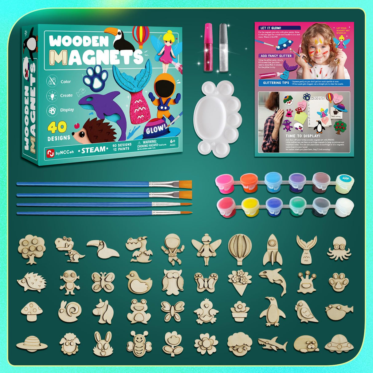 Byncceh DIY Wooden Magnets, 40 pcs Magic Magnetic Paint Set, Wood Arts and Crafts Painting Kit for Kids, Make Your Own Fridge Magnets Craft Kits Party Favors Gifts Toys for Girls Boys Ages 6-8 8-12 Byncceh