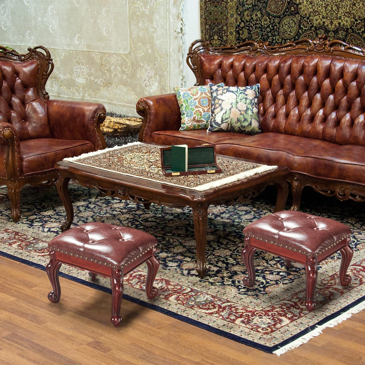 KUKEJCM Ottoman Foot Rest, Small Leather Footstool, Vintage Living Room Ottoman, Solid Wooden Shoe Stool, Dark Brown KUKEJCM