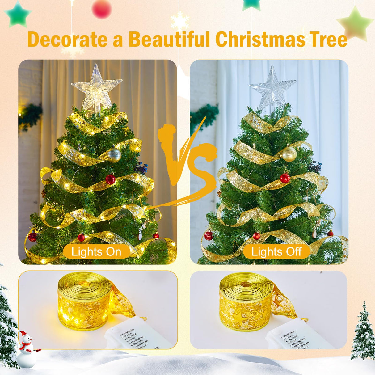 Minetom Christmas Tree Ribbon String Lights - 33ft 100 LED Battery Powered Fairy Lights with Timer and 8 Lighting Modes, Christmas Ribbon Bows Lights for 6ft - 8ft Christmas Tree New Year Decor, Gold Minetom