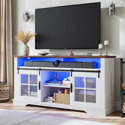 HAIOOU 63" Farmhouse TV Stand with LED Light & Power Outlets for TVs up to 70 Inches, 31.5" High Tallboy TV Console Stand Entertainment Center with Cross Design Sliding Barn Doors - White