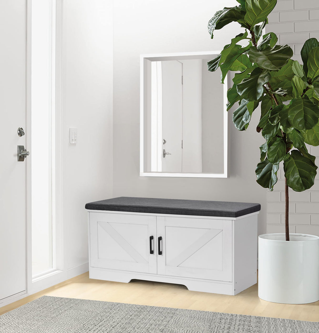 HOMSHO 2-Tier Storage Bench,Shoe Bench with Padded Seat Cushion, Entryway Bench with 2 Barn Doors,Adjustable Shelf, 39.4" L x 13.8" W x 17.7" H, for Entryway, Living Room, Bedroom,White HOMSHO