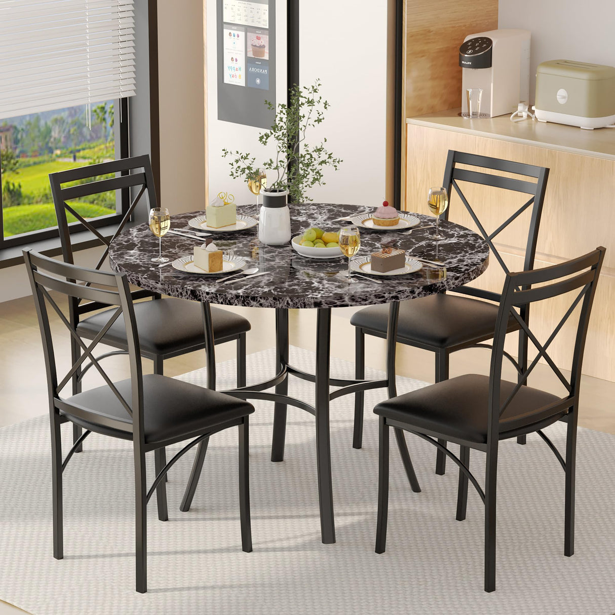 VECELO 5 Piece Dining Table Set for 4, Faux Marble Dinette with Chairs for Kitchen, Breakfast Nook, Small Space, Black VECELO